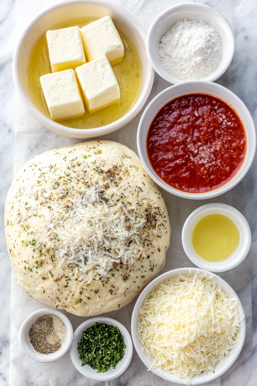 Flat lay of one ball of smooth, fresh pizza dough, eight whole mozzarella cheese sticks, a small white ceramic bowl of Italian seasoning, a small white ceramic bowl of garlic powder, one large whole egg with a clean, uncracked shell, a small white ceramic bowl with water, a small white ceramic bowl of melted butter, a small white ceramic bowl of finely chopped fresh parsley, a small white ceramic bowl of grated parmesan cheese, and a simple white ceramic bowl filled with vibrant red marinara sauce, all arranged symmetrically and balanced, placed on a clean white marble surface, soft natural light, photo taken with an iPhone, professional food photography style, fresh ingredients, white ceramic bowls, no bottles, no duplicates, no utensils, no packaging --ar 2:3 --v 7 --p m7354615311229779997 - Christmas Tree Cheese Pull Apart Bread, festive cheesy bread, holiday appetizer, Christmas snack recipes, cheesy pull apart bread