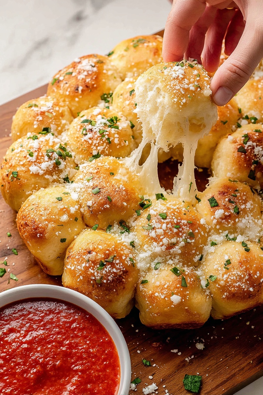 The image shows a round cluster of golden-brown pull-apart bread balls topped with small green herb bits and sprinkled with light grated cheese. The bread balls are soft and puffy, baked close together in one layer on a wooden surface. Two woman's hands are pulling one piece apart, revealing melted white cheese stretching between the separated parts. In the corner, there is a white bowl with bright red marinara sauce, partially visible. The whole scene sits on a white marbled texture. photo taken with an iphone --ar 2:3 --v 7 - Christmas Tree Cheese Pull Apart Bread, festive cheesy bread, holiday appetizer, Christmas snack recipes, cheesy pull apart bread