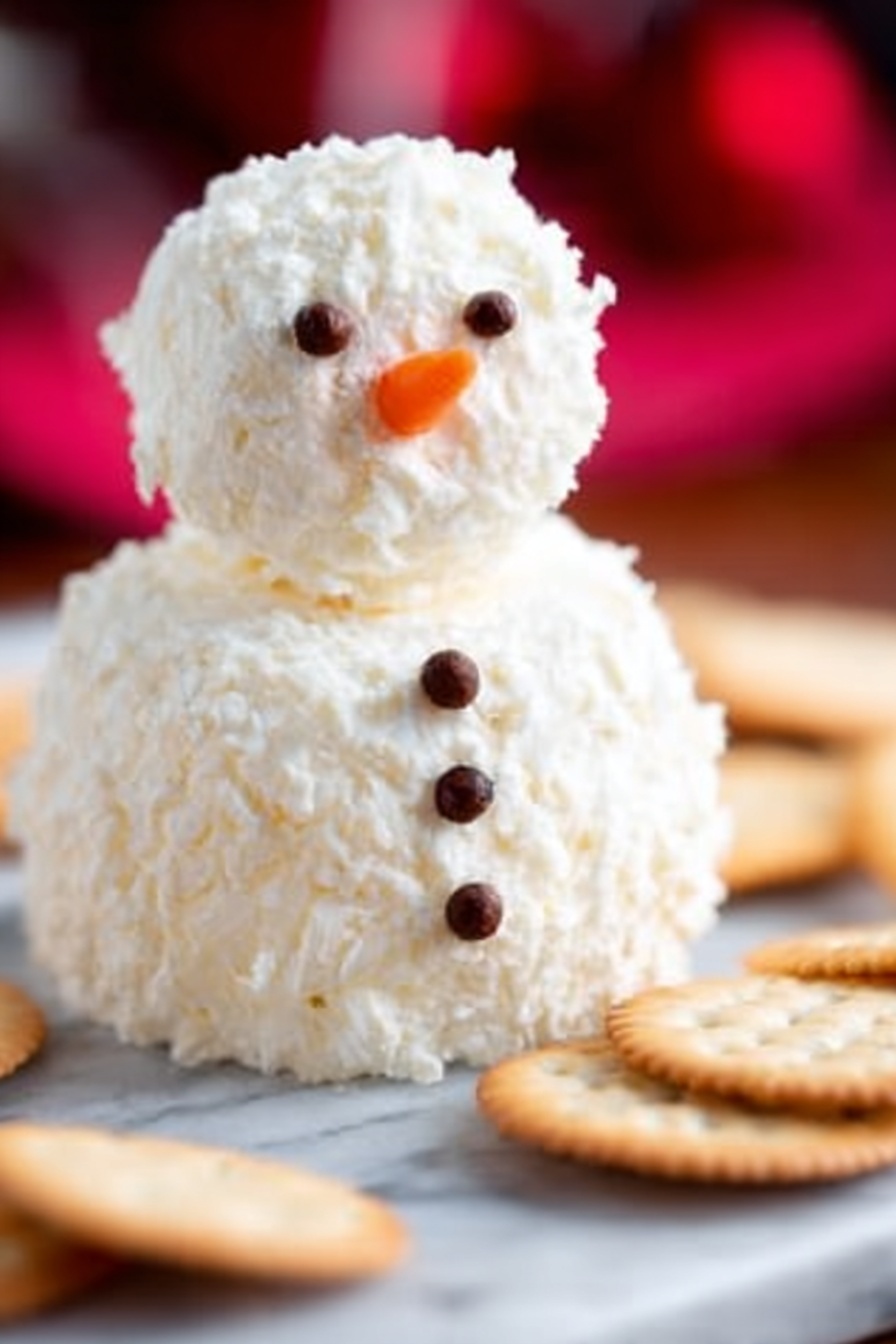 The image shows a small snowman made of white creamy cheese, shaped with two round layers stacked on top of each other. The snowman's texture is soft and fluffy with visible small peaks and swirls. It is decorated with small dark round peppercorns for eyes, mouth, and buttons, and a tiny piece of orange carrot for the nose. The snowman sits on a white marbled surface with some scattered crackers around it, adding a crunchy contrast to the soft cheese figure. The background is softly blurred with warm red tones. photo taken with an iphone --ar 2:3 --v 7 - Ranch Snowman Cheeseball, festive cheeseball ideas, holiday appetizer recipes, easy cheese ball recipes, themed party appetizers