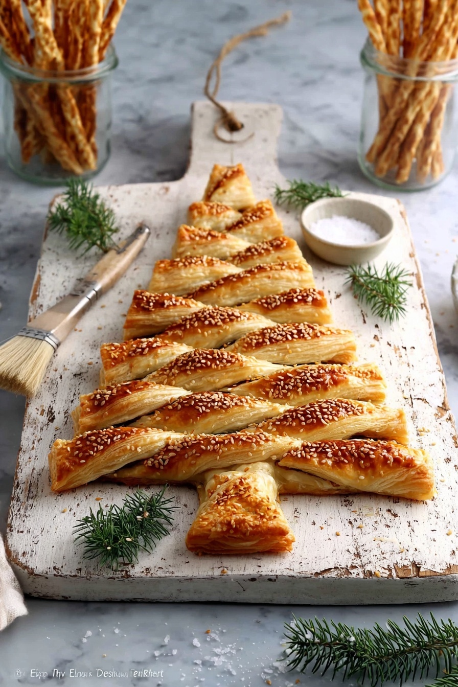 A golden brown puff pastry shaped like a Christmas tree rests on a white wooden board, with a trunk made of a thick, sesame-seed-covered strip of pastry at the center. The tree section is made of twisted, crisscrossed layers of flaky dough filled with a dark filling, giving a textured look of alternating light and darker shades. Around the board, small green pine sprigs add festive touches. Nearby, a small white bowl contains coarse salt, next to a jar of a beige spread with a wooden spoon, and a pastry brush lies on a white marbled surface. In the background, a glass holds more twisted pastry sticks, with one more stick resting on the white marbled surface photo taken with an iphone --ar 2:3 --v 7 - Puff Pastry Christmas Tree Appetizer, festive holiday appetizer with puff pastry, easy Christmas party snack, savory pesto puff pastry bites, holiday appetizer ideas