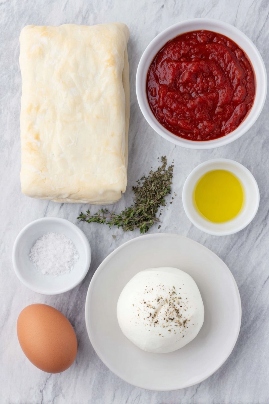 Flat lay of a rectangular sheet of cold puff pastry, a small white bowl filled with smooth red tomato passata, a small white bowl with golden extra virgin olive oil, a small white bowl holding a pinch of dried oregano, a whole uncracked brown egg, a white ceramic plate with a fresh white mozzarella ball sprinkled with a little salt, all arranged symmetrically and balanced, placed on a clean white marble surface, soft natural light, photo taken with an iPhone, professional food photography style, fresh ingredients, white ceramic bowls, no bottles, no duplicates, no utensils, no packaging --ar 2:3 --v 7 --p m7354615311229779997 - Christmas Tree Pizza Bites with Puff Pastry, holiday appetizer recipes, festive pizza bites, easy Christmas party snacks, puff pastry appetizer ideas