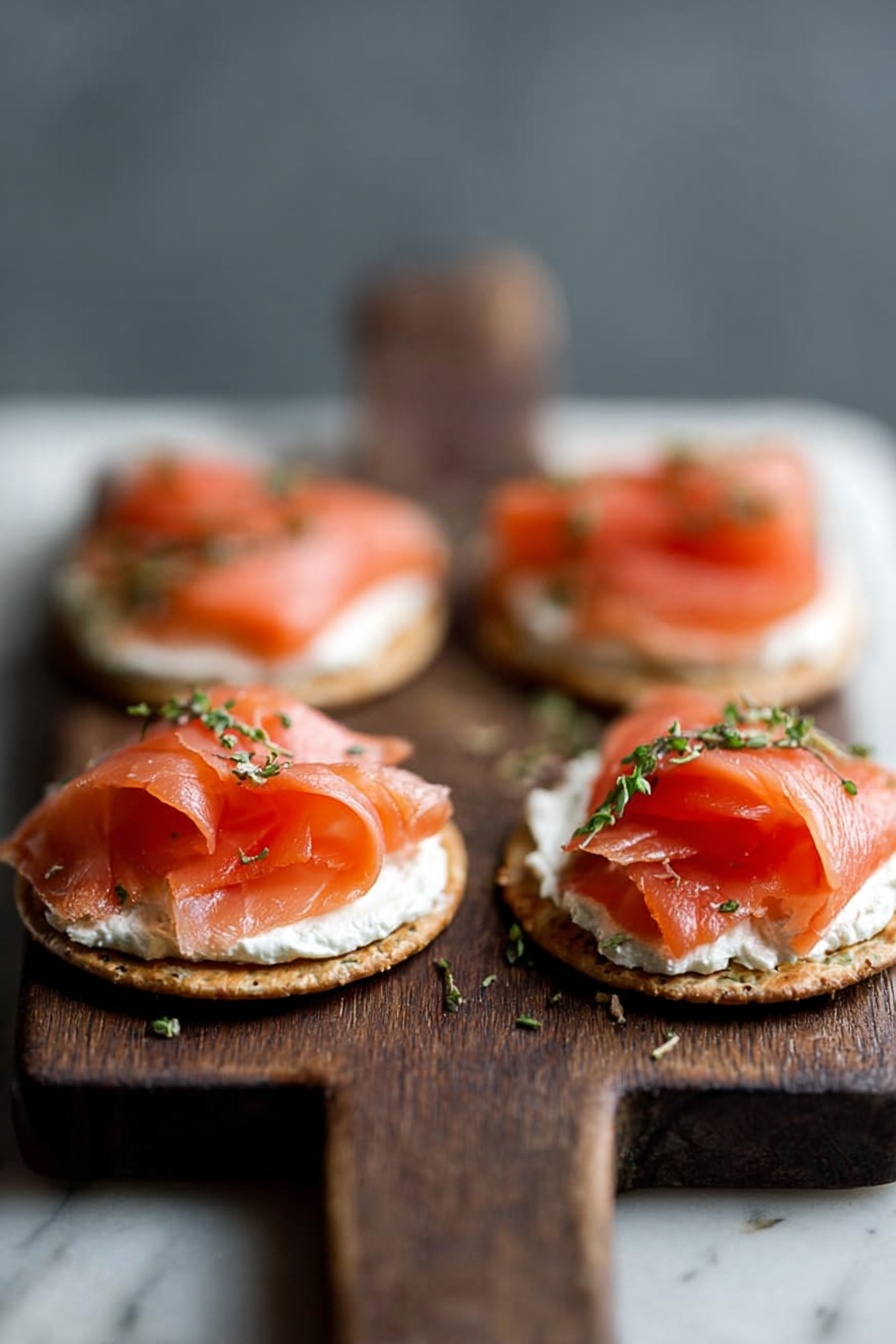 Four small round crackers each have a thick white spread on top, layered with thin slices of bright pink smoked salmon arranged in soft folds. Small bits of green herbs are sprinkled on the salmon layers, adding a touch of color. The crackers are placed on a dark wooden board with a handle facing the camera. The background has a smooth gray tone, and the surface beneath the board is a white marbled texture. The focus is on the front crackers with the others softly blurred in the background. photo taken with an iphone --ar 2:3 --v 7 - Crispy Potato Pancakes with Smoked Salmon, Potato Pancake Recipes, Easy Brunch Recipes, Gourmet Breakfast Ideas, Salmon and Potato Blinis