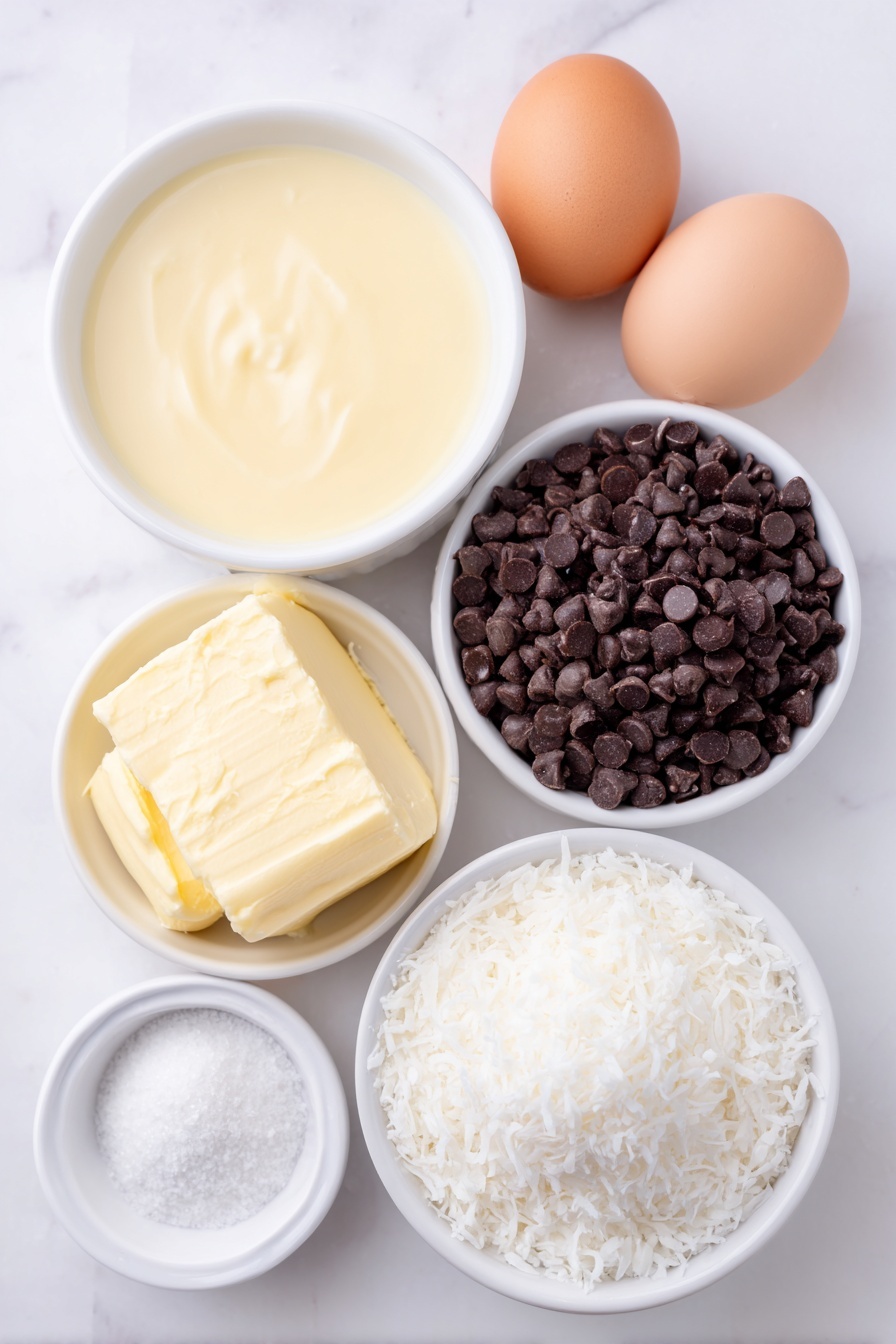 Flat lay of a small white ceramic bowl of smooth sweetened condensed milk, one whole uncracked brown egg white, a small white ceramic bowl of clear vanilla extract, a small white ceramic bowl with a pinch of kosher salt crystals, a white ceramic bowl filled with fluffy sweetened shredded coconut, a white ceramic bowl holding shiny dark semi-sweet chocolate chips, all arranged in perfect symmetry placed on a clean white marble surface, soft natural light, photo taken with an iPhone, professional food photography style, fresh ingredients, white ceramic bowls, no bottles, no duplicates, no utensils, no packaging --ar 2:3 --v 7 --p m7354615311229779997 - Chocolate Dipped Coconut Macaroons, coconut macaroons with chocolate, easy coconut macaroon recipe, homemade coconut treats, chocolate-covered coconut cookies