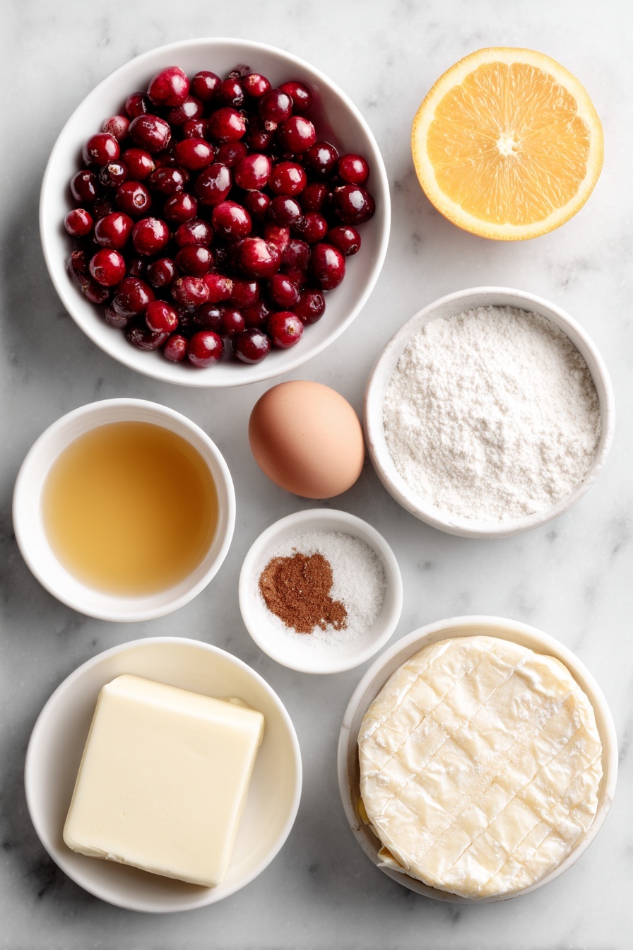 Flat lay of fresh whole cranberries scattered beside a small white ceramic bowl of granulated sugar, a small white bowl filled with pure amber maple syrup, a single fresh orange sliced in half showing bright orange flesh, a small white bowl holding vibrant orange juice, a small white bowl containing white cornstarch powder, a pinch of ground cinnamon artfully placed as a small heap, a dusting of smooth all-purpose flour arranged neatly, a square sheet of golden frozen puff pastry resting flat, an uncut round wheel of creamy brie cheese with natural rind, one large whole uncracked egg with a clean shell, and a small white bowl of coarse turbinado sugar, all arranged in perfect symmetry on a simple white ceramic plate and bowls placed on a clean white marble surface, soft natural light, photo taken with an iPhone, professional food photography style, fresh ingredients, white ceramic bowls, no bottles, no duplicates, no utensils, no packaging --ar 2:3 --v 7 --p m7354615311229779997 - Maple Cranberry Baked Brie, holiday appetizer with baked brie, easy festive appetizer recipes, cranberry baked brie pastry, holiday cheese appetizer