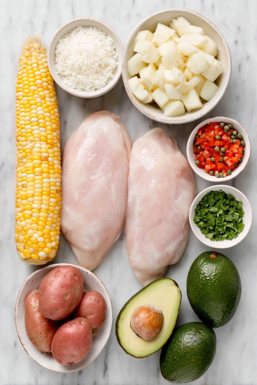 Flat lay of two raw skinless boneless chicken breasts, two whole ears of fresh yellow corn on the cob, a small white ceramic bowl with yellow fingerling potatoes, one peeled and sliced white potato, one peeled and sliced red potato arranged in a simple pile, a small white ceramic bowl filled with dried guascas leaves, two fresh green scallions sliced, two whole garlic cloves unpeeled, a small white ceramic bowl with finely chopped fresh cilantro, a small white ceramic bowl of cooked white rice, a small white ceramic bowl of heavy cream, a small white ceramic bowl filled with green capers, and two whole ripe avocados with smooth dark green skin halved to show bright green flesh, placed on a clean white marble surface, soft natural light, photo taken with an iPhone, professional food photography style, fresh ingredients, white ceramic bowls, no bottles, no duplicates, no utensils, no packaging --ar 2:3 --v 7 --p m7354615311229779997 - Colombian Chicken Ajiaco Soup, Colombian ajiaco recipe, Colombian chicken soup, traditional Colombian soup, hearty Colombian ajiaco