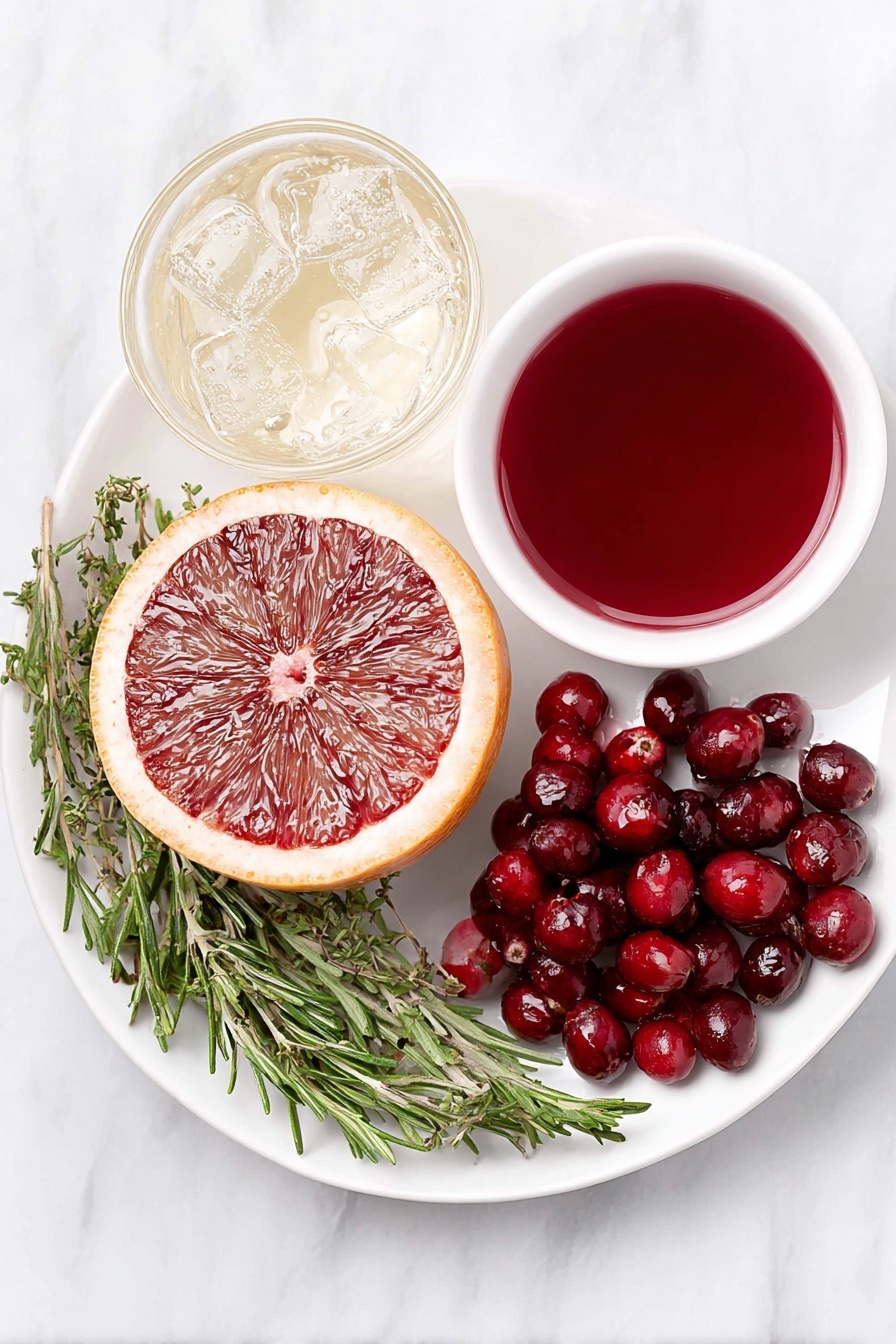 Flat lay of a bright whole blood orange sliced to show its deep red interior, a small white ceramic bowl filled with fresh blood orange juice, a small white ceramic bowl of vibrant cranberry juice, a small white ceramic bowl containing clear club soda bubbles, a sprig of fresh rosemary with green needles, and a handful of glossy red cranberries scattered neatly on a simple white ceramic plate, all arranged with perfect symmetry and balanced proportions, placed on a clean white marble surface, soft natural light, photo taken with an iPhone, professional food photography style, fresh ingredients, white ceramic bowls, no bottles, no duplicates, no utensils, no packaging --ar 2:3 --v 7 --p m7354615311229779997 - Blood Orange Cranberry Mocktail, festive non-alcoholic drinks, holiday mocktail recipes, easy fruit mocktail, sparkling cranberry orange drink