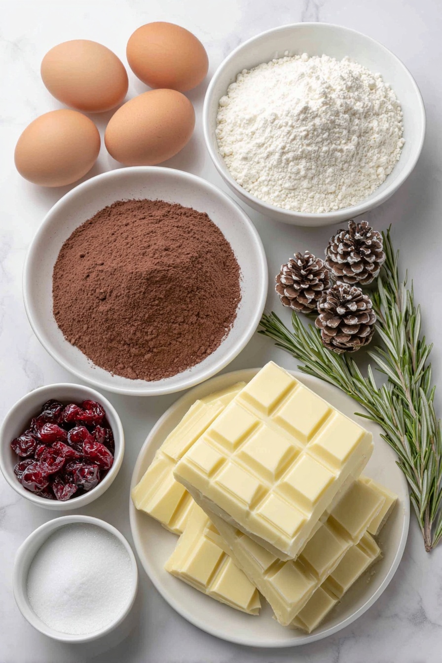 Flat lay of chopped white chocolate in a simple white ceramic bowl, fresh heavy cream in a small white bowl, two whole uncracked brown eggs, a mound of sifted cocoa powder on a white plate, a small white bowl with espresso powder, a pinch of sea salt scattered on a white plate, whole milk in a small white bowl, a few sprigs of fresh rosemary, granulated sugar on a white plate, whole cake flour on a white plate, dark chocolate chopped in a white ceramic bowl, meringue mushrooms on a small white plate, sugared cranberries in a small white bowl, almond pine cones on a white plate, and a small bowl of vanilla extract placed on a clean white marble surface, soft natural light, photo taken with an iPhone, professional food photography style, fresh ingredients, white ceramic bowls, no bottles, no duplicates, no utensils, no packaging --ar 2:3 --v 7 --p m7354615311229779997 - White Chocolate Peppermint Yule Log, holiday dessert recipes, peppermint holiday cake, white chocolate Christmas dessert, festive Yule log