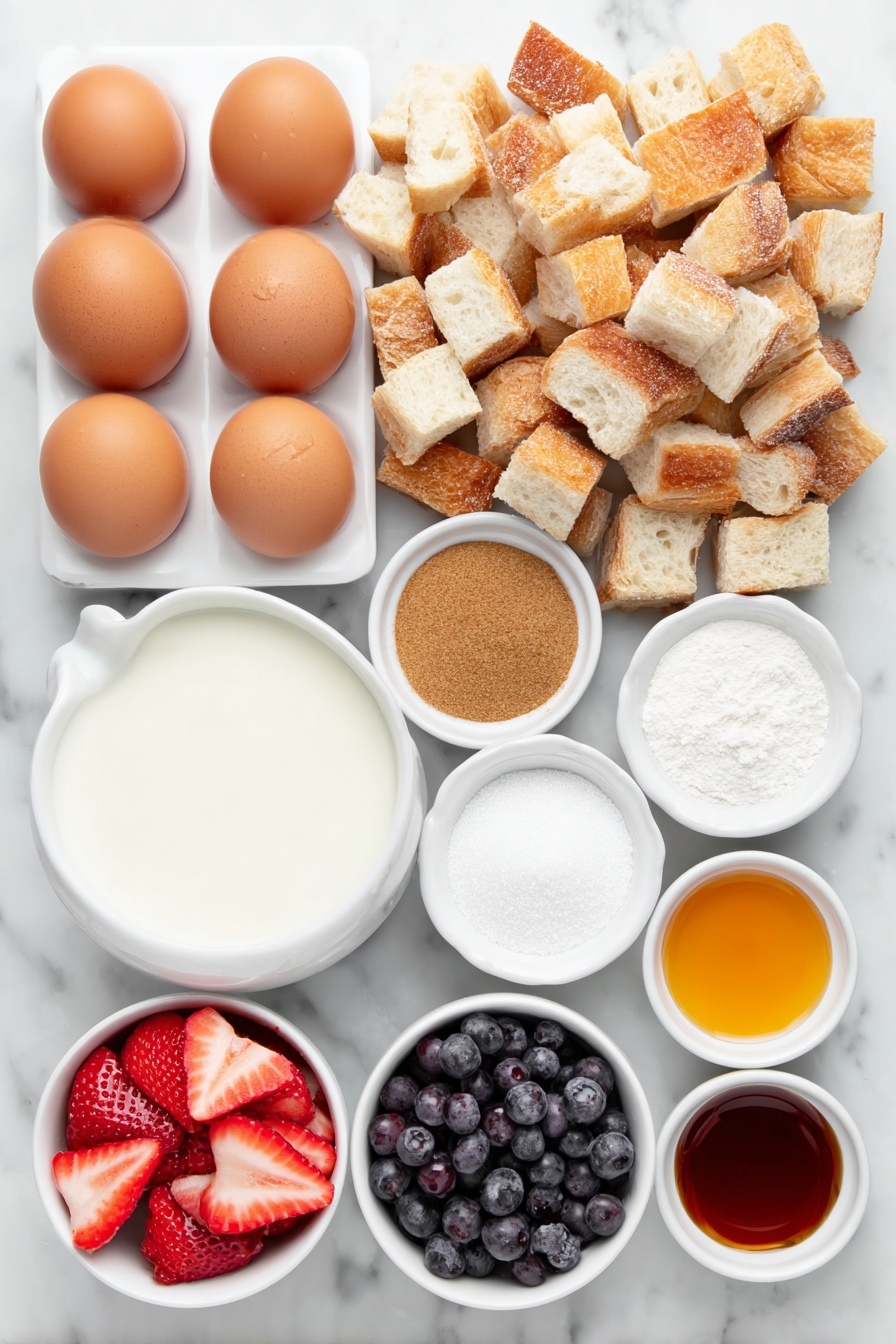 Flat lay of a large pile of cubed French bread, eight whole uncracked brown eggs neatly arranged, a small white bowl of 2% milk, a small white bowl filled with golden brown sugar, a small white bowl with ground cinnamon powder, a small white bowl holding clear vanilla extract, a handful of fresh sliced strawberries arranged flat, a handful of plump blueberries, a small white bowl with fine white powdered sugar, and a small white bowl of amber maple syrup, all placed on a clean white marble surface, soft natural light, photo taken with an iPhone, professional food photography style, fresh ingredients, white ceramic bowls, no bottles, no duplicates, no utensils, no packaging --ar 2:3 --v 7 --p m7354615311229779997 - Berry French Toast Casserole, French Toast Bake with Berries, Breakfast Casserole with Fresh Berries, Make-Ahead French Toast Breakfast, Easy Berry Breakfast Recipe
