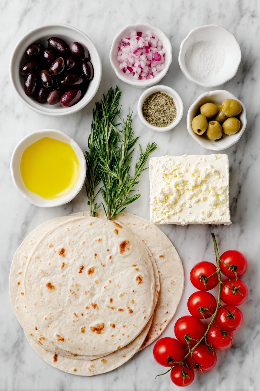 Flat lay of two blocks of smooth cream cheese, a small white bowl of finely chopped red peppers, a small white bowl of sliced green olives, a small white bowl of sliced black olives, a small white bowl containing bright yellow lemon juice, a small white bowl with garlic powder, a small white bowl with onion powder, a few sprigs of fresh green dill, two plain large white tortillas stacked neatly, two large spinach green tortillas stacked neatly, several sprigs of fresh rosemary, and a handful of glossy red cherry tomatoes, all arranged with perfect symmetry on a clean white marble surface, soft natural light, photo taken with an iPhone, professional food photography style, fresh ingredients, white ceramic bowls, no bottles, no duplicates, no utensils, no packaging --ar 2:3 --v 7 --p m7354615311229779997 - Festive Christmas Tree Pinwheel Appetizer, holiday appetizer, Christmas party finger foods, easy holiday snacks, festive appetizer ideas