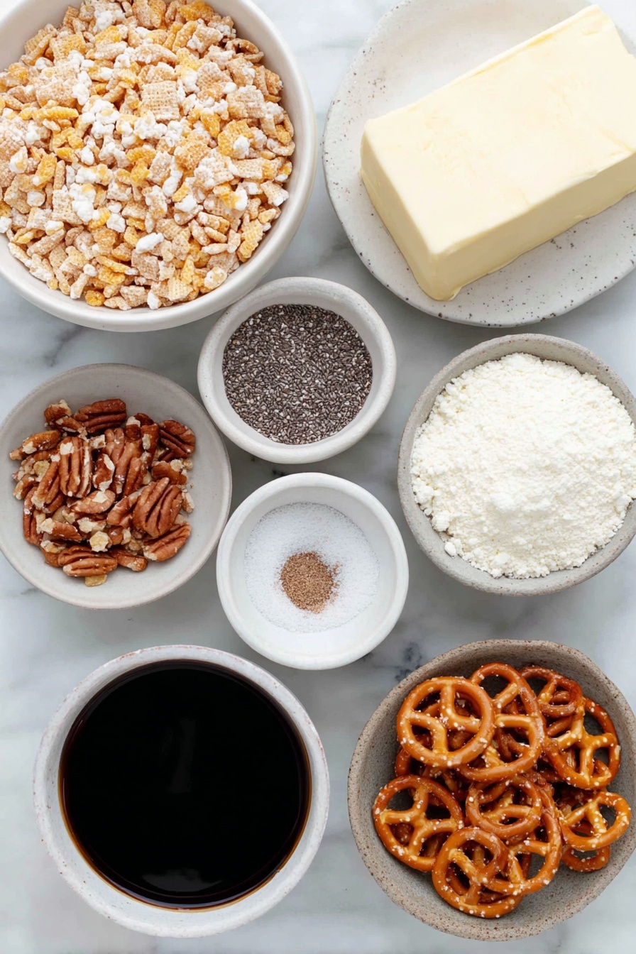 Flat lay of three small piles of fresh Corn Chex cereal, Wheat Chex cereal, and Rice Chex cereal, a small pile of salted mini pretzels, a small pile of golden rye bagel chips, a small handful of mixed nuts, two cold sticks of butter with a smooth surface, a small white ceramic bowl of dark Worcestershire sauce, and three small white ceramic bowls containing Lawry’s seasoned salt, garlic powder, and onion powder, all arranged in perfect symmetry on a clean white marble surface, soft natural light, photo taken with an iPhone, professional food photography style, fresh ingredients, white ceramic bowls, no bottles, no duplicates, no utensils, no packaging --ar 2:3 --v 7 --p m7354615311229779997 - Homemade Chex Mix, Chex Mix recipe, savory snack ideas, homemade snack recipe, easy party snacks