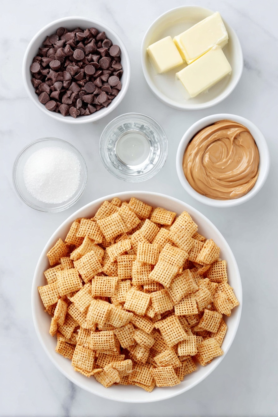 Flat lay of a large white ceramic bowl filled with fresh, crispy Chex cereal squares, a small white bowl of smooth semi-sweet chocolate chips, a small white bowl holding creamy peanut butter, another small white bowl with solid pale yellow butter, a small white bowl containing clear vanilla extract, a small white bowl heaped with fine powdered sugar, and a small white bowl filled with colorful festive sanding sugar crystals, all arranged symmetrically and proportionally, placed on a clean white marble surface, soft natural light, photo taken with an iPhone, professional food photography style, fresh ingredients, white ceramic bowls, no bottles, no duplicates, no utensils, no packaging --ar 2:3 --v 7 --p m7354615311229779997 - Festive Chocolate Peanut Butter Puppy Chow, holiday snack mix, easy holiday treats, chocolate peanut butter snack, festive party snacks
