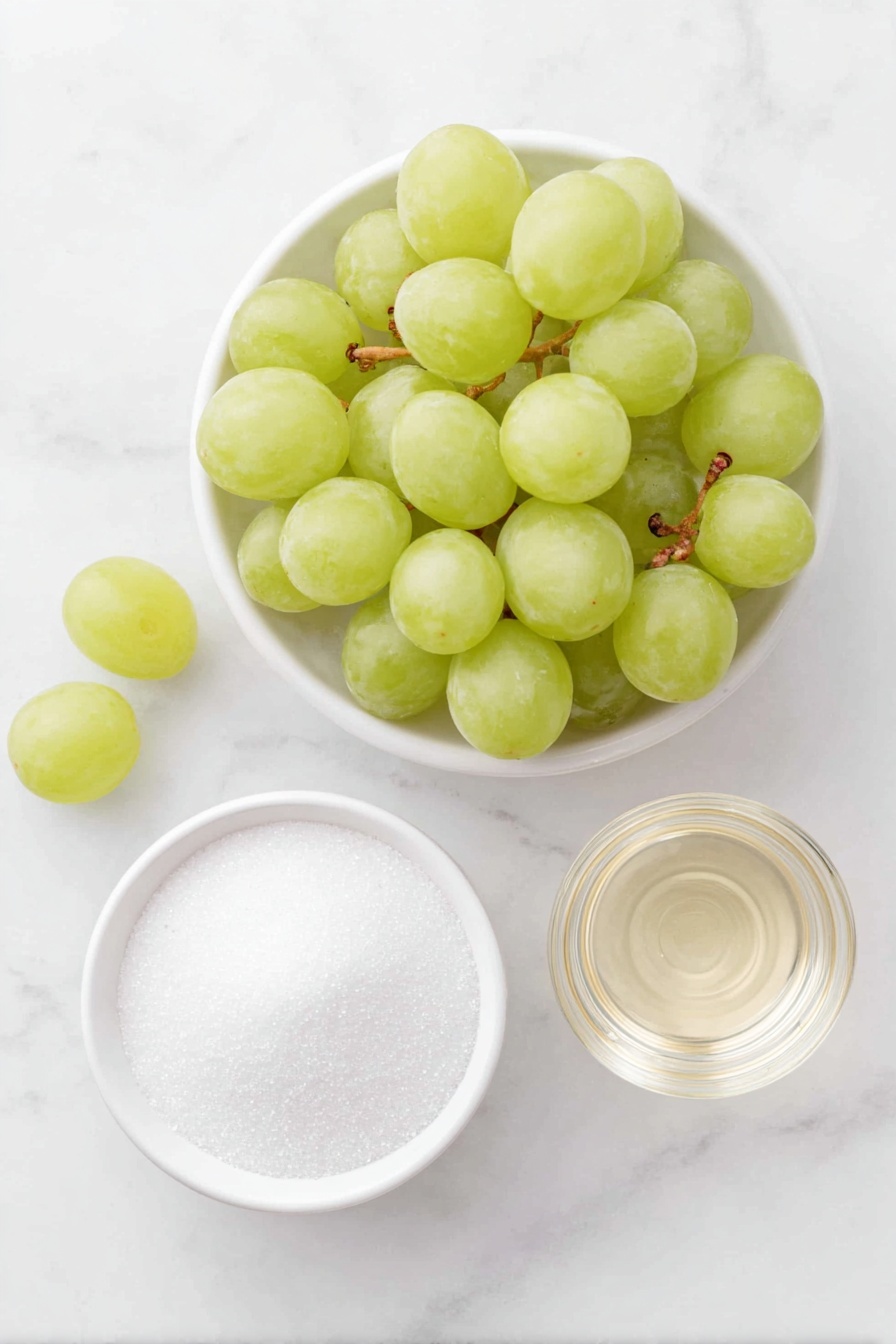Flat lay of fresh green grapes with some individual grapes removed from the stems, a small white ceramic bowl filled with granulated cane sugar, a small white ceramic bowl containing clear sparkling prosecco liquid, all arranged in perfect symmetry on a clean white marble surface, soft natural light, photo taken with an iPhone, professional food photography style, fresh ingredients, white ceramic bowls, no bottles, no duplicates, no utensils, no packaging --ar 2:3 --v 7 --p m7354615311229779997 - Prosecco-Infused Green Grapes, sparkling grapes with prosecco, alcoholic fruit snacks, elegant party appetizers, chilled prosecco grapes