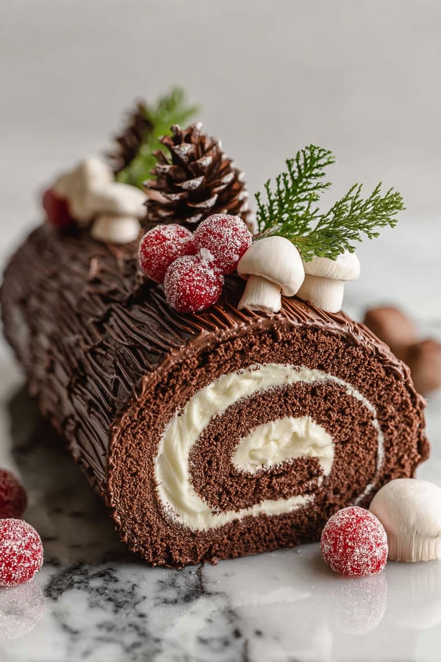 The image shows a chocolate roll cake shaped like a log, with three visible layers: a dark brown chocolate sponge cake rolled tightly around a smooth, creamy white filling in the center; the outside is coated in textured chocolate frosting with lines that look like bark. On top of the cake, there are three details: a small cluster of bright red sugared berries with green sprigs, a pine cone decoration, and three white mushrooms with brown gills. Around the cake are more white mushrooms and additional red sugared berries. The cake sits on a shiny surface with a white marbled background. Photo taken with an iphone --ar 2:3 --v 7 - White Chocolate Peppermint Yule Log, holiday dessert recipes, peppermint holiday cake, white chocolate Christmas dessert, festive Yule log
