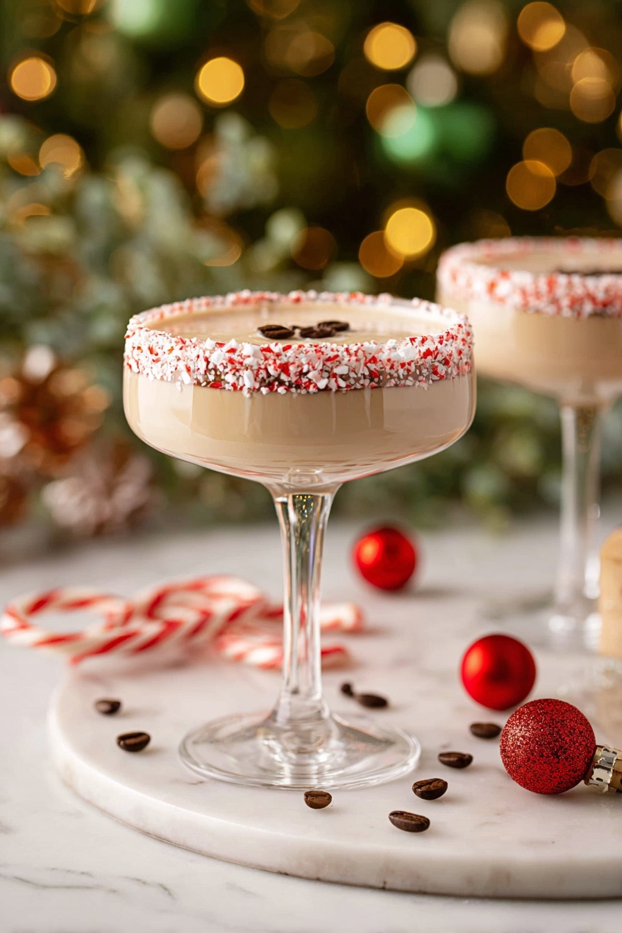 A creamy light brown cocktail fills a tall clear glass with a wide bowl, showing a smooth frothy top layer. The glass rim is coated with a dark chocolate layer and decorated with small red and white crushed candy pieces, creating a rough textured border. Three dark brown coffee beans float on the froth near the center. The glass stands on a white marbled surface scattered with red shiny Christmas ornaments, whole coffee beans, and red and white candy canes, with a blurry green and yellow light background. Photo taken with an iphone --ar 2:3 --v 7 - Peppermint Espresso Martini, festive cocktail recipes, holiday drinks with espresso, peppermint and vodka cocktails, easy holiday cocktail ideas
