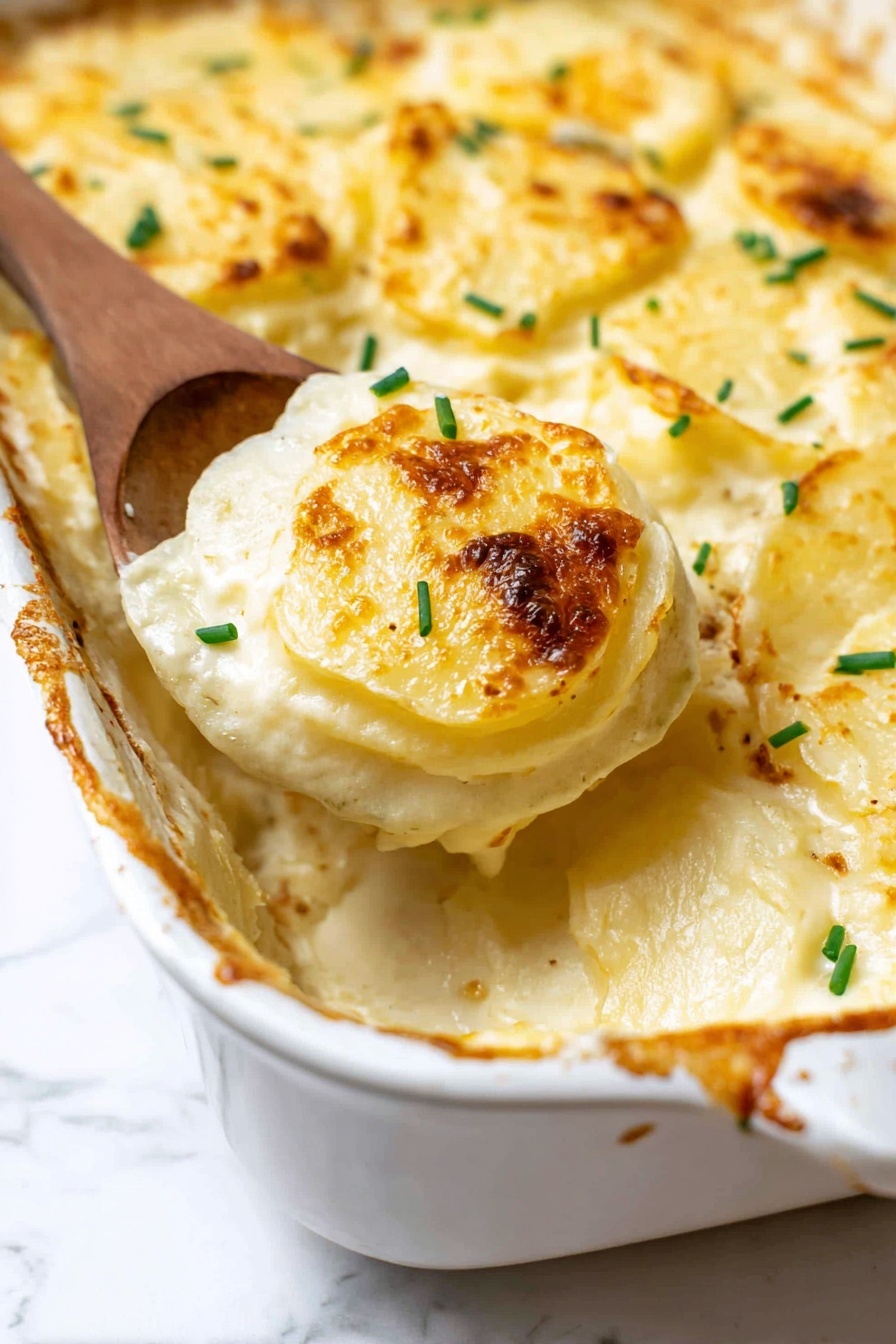 A white baking dish holds a creamy, pale yellow layered potato dish with a slightly browned top layer. The top layer has smooth, light golden patches with some browned edges and green chives sprinkled on it. A wooden spoon lifts a round spoonful from the dish, showing the creamy, soft texture of the potatoes beneath the thin, browned outer layer. The background is a white marbled texture. Photo taken with an iphone --ar 2:3 --v 7 - Creamy Baked Mashed Potatoes, baked mashed potato recipe, creamy mashed potatoes, cheesy baked potatoes, holiday mashed potatoes