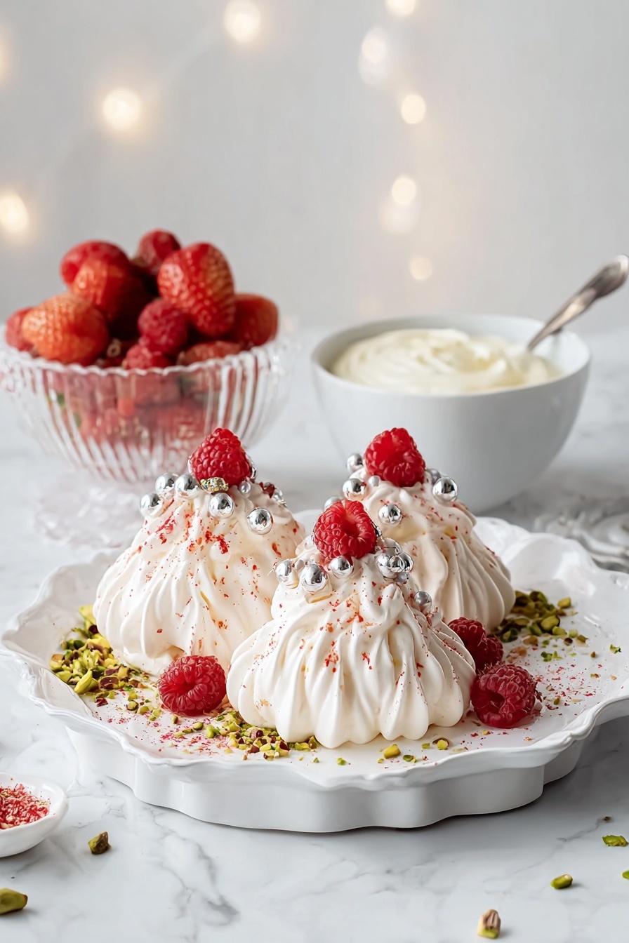 The image shows three small, white meringue desserts shaped like mini Christmas trees on a white, scalloped rectangular plate. Each meringue has multiple swirled layers forming the tree shape, decorated with small shiny silver balls and sprinkled with red powder. A fresh red raspberry sits on top of each meringue. Around the meringues, there are crushed green pistachios and extra raspberries on the plate. In the background, a clear bowl filled with mixed red berries and a white bowl with cream are placed on a white marbled surface, along with two green glittery Christmas ornaments. Photo taken with an iphone --ar 2:3 --v 7 - Mini Christmas Pavlova Trees, festive pavlova dessert, holiday meringue treat, Christmas dessert ideas, easy festive holiday recipes