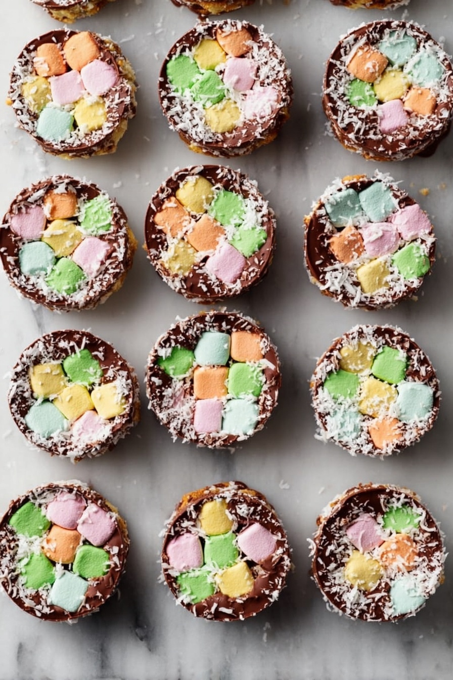 The image shows 15 round treats made of colorful mini marshmallows in pastel colors like pink, green, yellow, and orange, all stuck together with a shiny dark brown chocolate layer, each treat about the same size and shape. Some treats have crispy white coconut flakes around their edges, adding a rough white texture. They are placed neatly in rows on a white marbled surface, each treat spaced apart evenly. The marshmallows are arranged tightly in a single thick layer inside the chocolate base, making each round treat look chunky and colorful. photo taken with an iphone --ar 2:3 --v 7 - Church Window Cookies, no-bake cookies, colorful cookie recipe, marshmallow coconut cookies, easy holiday treats