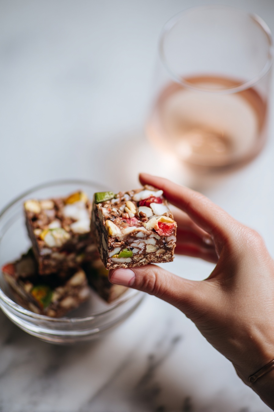 The image shows a round dessert with a rich dark brown chocolate base that has a smooth texture. On the chocolate surface, there are many irregular, soft pastel-colored pieces embedded throughout, in green, light yellow, pink, and orange shades, creating a mosaic effect. Around the edge of the dessert, there are white shredded coconut flakes adding a rough texture border. The dessert is placed directly on a white marbled surface, which provides a clean and bright background. Photo taken with an iphone --ar 2:3 --v 7 - Church Window Cookies, no-bake cookies, colorful cookie recipe, marshmallow coconut cookies, easy holiday treats