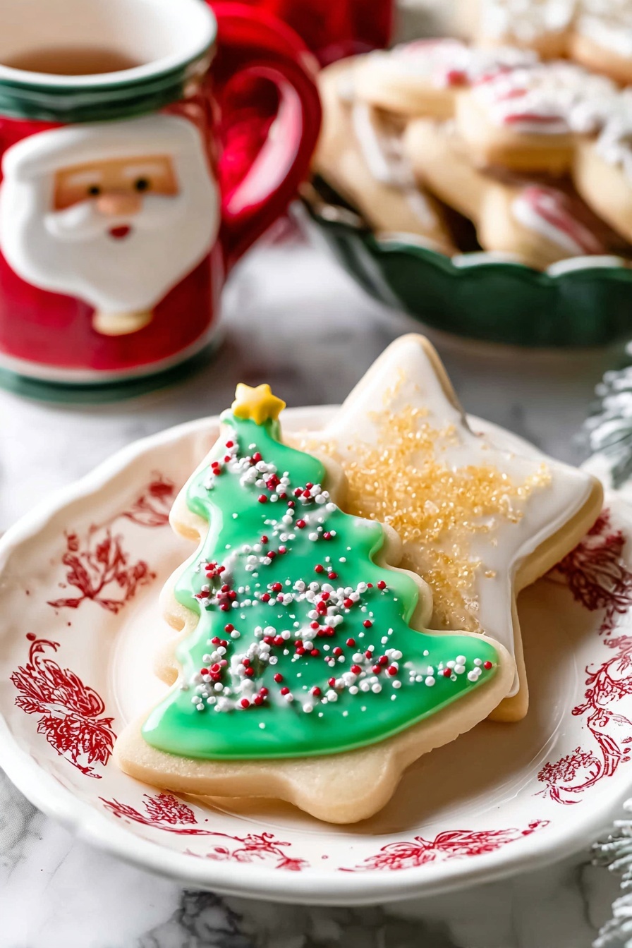Two Christmas-themed sugar cookies sit on a white plate with red floral designs, placed on a white marbled surface. The cookie on top is shaped like a Christmas tree with a smooth green icing layer sprinkled with small red and white sugar decorations, and a small yellow star decoration at the tip. Behind it is a star-shaped cookie covered in white icing with a thick layer of golden sugar sprinkles. In the background, there is a Santa Claus head mug with a red handle and a green bowl filled with more Christmas cookies, all set against the white marbled texture. Photo taken with an iphone --ar 2:3 --v 7 - Soft Cutout Sugar Cookies, classic sugar cookies, soft sugar cookie recipe, festive cutout cookies, tender sugar cookies