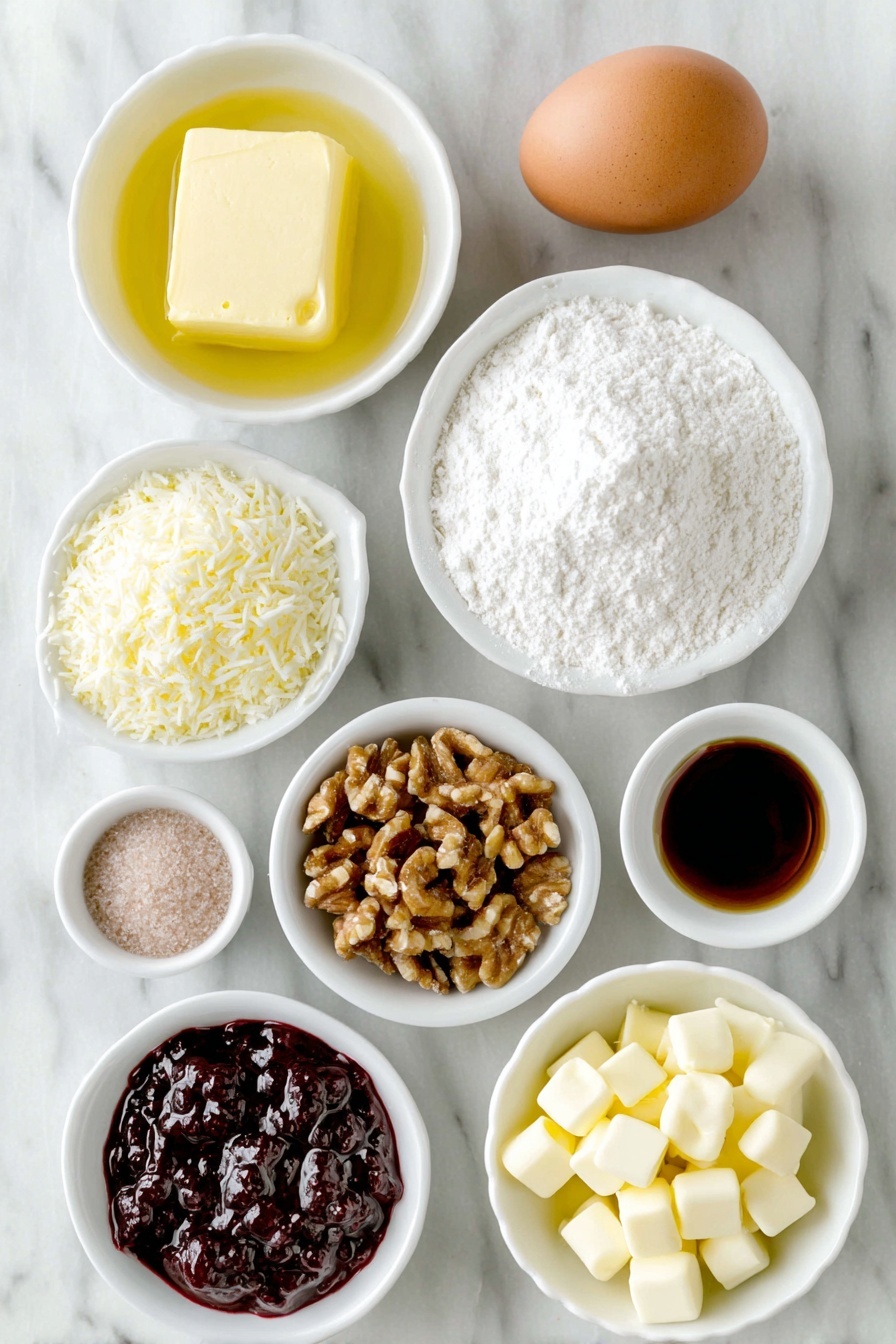 Flat lay of a small mound of softened butter, a small white bowl of granulated sugar, a single large brown egg with a clean shell, a small white bowl of clear vanilla extract, a small pile of all-purpose flour, a small pinch of baking powder on white ceramic, a small heap of sweetened shredded coconut, a small pile of chopped walnuts, a small white bowl filled with glossy raspberry preserves, and a small handful of white baking chips, all arranged with perfect symmetry on simple white ceramic plates and bowls placed on a clean white marble surface, soft natural light, photo taken with an iPhone, professional food photography style, fresh ingredients, white ceramic bowls, no bottles, no duplicates, no utensils, no packaging --ar 2:3 --v 7 --p m7354615311229779997 - Raspberry Coconut Bars, tropical raspberry coconut dessert, easy raspberry coconut bars, fruit and coconut bars, homemade raspberry coconut treat