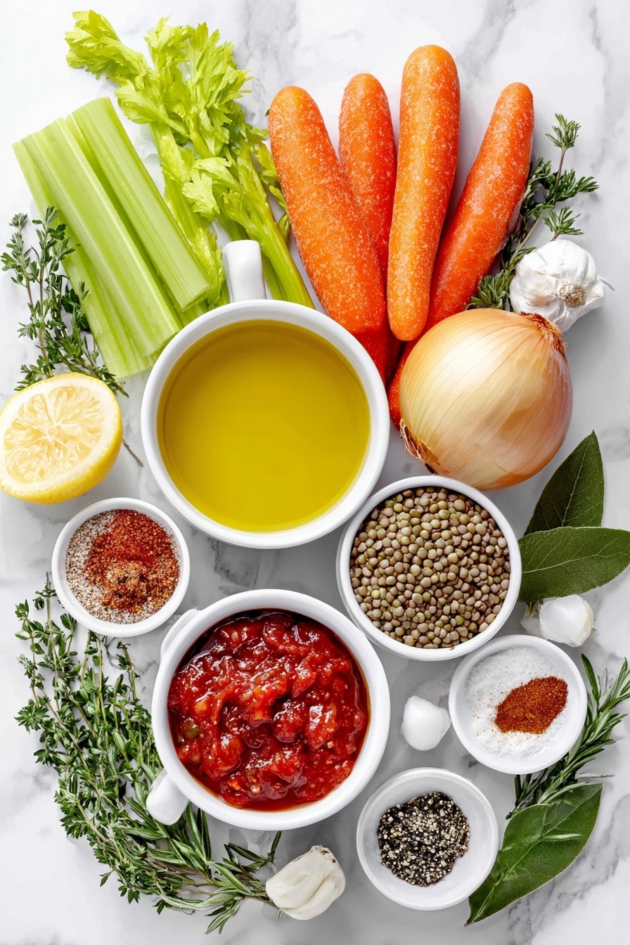 Flat lay of a small white ceramic bowl with golden olive oil, a whole yellow onion with papery skin, three fresh orange carrots sliced, two bright green celery stalks sliced, a small white bowl holding deep red tomato paste, three whole garlic cloves with skins on, a tiny white bowl containing mixed Italian seasoning herbs, a tiny white bowl with red paprika powder, a tiny white bowl with brown cumin powder, two fresh green bay leaves, a small heap of black peppercorns, a neat pile of dry green lentils, a small white bowl filled with crushed ripe red tomatoes, a small white bowl of clear vegetable broth, a small white bowl of fresh lemon juice, and a few sprigs of bright green chopped parsley placed on a clean white marble surface, soft natural light, photo taken with an iPhone, professional food photography style, fresh ingredients, white ceramic bowls, no bottles, no duplicates, no utensils, no packaging --ar 2:3 --v 7 --p m7354615311229779997 - Healthy Lentil Soup, nutritious lentil soup recipe, easy lentil soup, wholesome soup for weeknights, comforting healthy soup