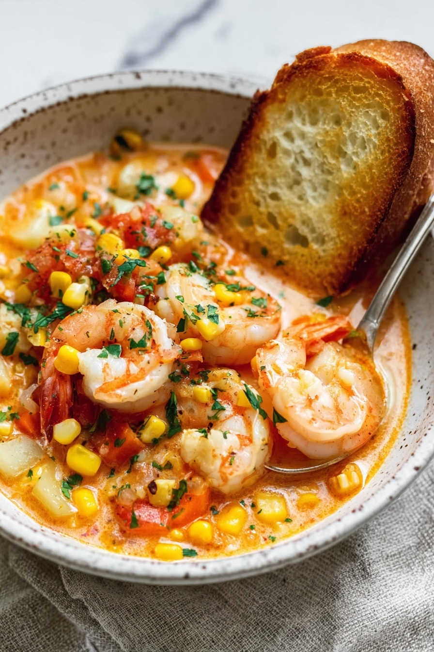 A white speckled bowl is filled with a creamy orange soup base, topped with several layers: large pink shrimp, small yellow corn kernels, finely chopped orange carrots, small pale diced potatoes, bits of tomato, and sprinkled green herbs. Two golden brown toasted bread slices lean against the inside edge of the bowl on the right side. A spoon is partially visible inside the bowl on the right, scooping some shrimp and vegetables. The bowl is set on a textured light gray cloth over a white marbled surface. photo taken with an iphone --ar 2:3 --v 7 - Shrimp and Chorizo Chowder, hearty seafood chowder, easy chowder recipes, smoky chorizo soup, quick seafood dinner