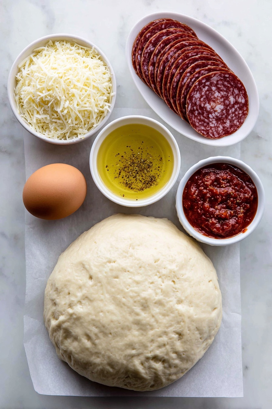 Flat lay of a smooth, unrolled ball of fresh pizza dough resting on white parchment paper, a small white bowl with melted golden butter mixed with Italian seasoning and garlic powder, a neat stack of thin, round bright red pepperoni slices, a small white bowl filled with shredded mozzarella cheese, one large whole brown egg with a clean shell, a small white bowl holding finely grated pale parmesan cheese, and a small white bowl containing rich red marinara sauce, all arranged in perfect symmetry on a simple white ceramic surface, placed on a clean white marble surface, soft natural light, photo taken with an iPhone, professional food photography style, fresh ingredients, white ceramic bowls, no bottles, no duplicates, no utensils, no packaging --ar 2:3 --v 7 --p m7354615311229779997 - Best Pepperoni Rolls, cheesy pepperoni rolls, easy pepperoni roll recipe, savory snack ideas, game day appetizers
