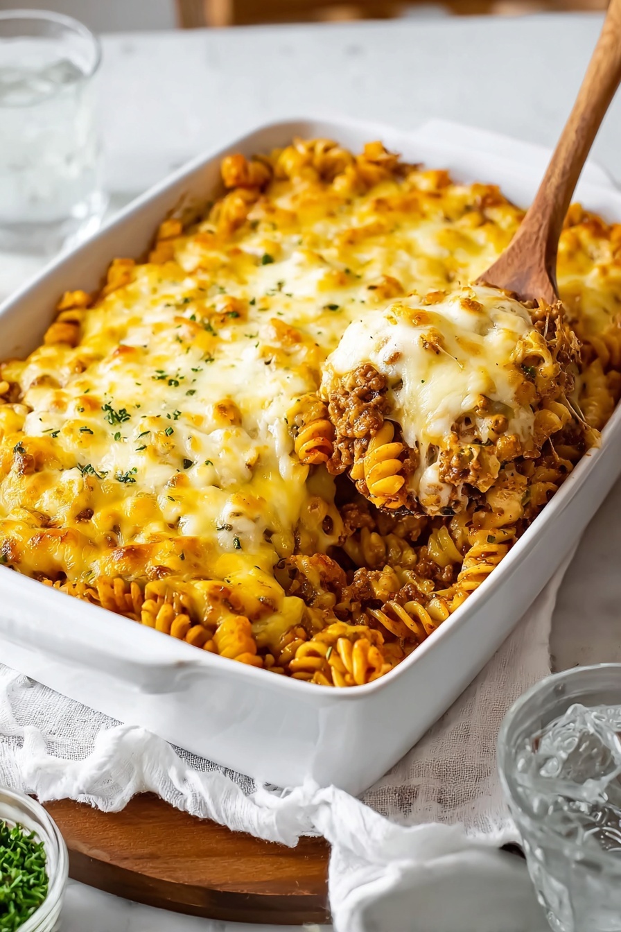 The image shows a white rectangular baking dish filled with a layered pasta casserole. The bottom layer consists of spiraled pasta mixed with ground meat, visible around the edges where some pasta has been scooped out. The top layer is a thick, melted golden-yellow cheese with slight brown spots, covering the pasta beneath. A wooden spoon is lifting a portion from the corner, showing the pasta and meat inside. The dish is placed on a white marbled surface, with a white cloth and a small white bowl filled with green herbs nearby. A glass of iced water is also partially visible in the foreground. Photo taken with an iphone --ar 2:3 --v 7 - Cheeseburger Pasta Casserole, cheesy beef pasta bake, easy comfort food recipes, family-friendly dinner ideas, hearty pasta casseroles
