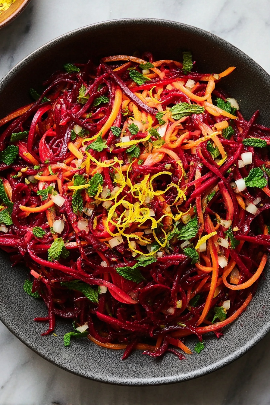 A dark gray bowl filled with a colorful salad made of thin, long strands of deep red beets layered with thin orange carrot strips, scattered with fresh green mint leaves and parsley, small diced white bits, and thin yellow lemon zest curls spread evenly on top, all sitting on a white marbled surface, photo taken with an iphone --ar 2:3 --v 7 - Grated Beet Salad with Fresh Herbs, healthy beet salad ideas, quick beet salad recipes, vibrant vegetable salads, fresh herb salad recipes