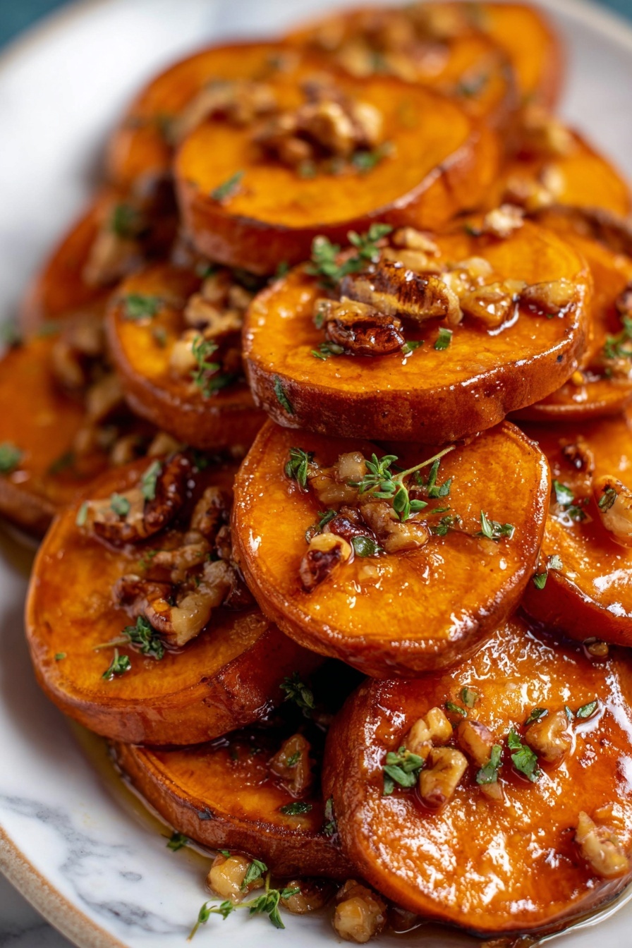 A close-up of many cooked sweet potato slices stacked on a white plate, each slice having a warm orange-brown color with a shiny glazed surface. On top of each slice, there are small pieces of chopped nuts that look crunchy and light brown, mixed with tiny fresh green herb leaves. The sweet potato edges are slightly darker and caramelized, creating a rich contrast with the orange inside. The plate sits on a white marbled surface, and the focus is sharp, showing the texture of the glaze and nuts clearly. photo taken with an iphone --ar 2:3 --v 7 - Maple Pecan Roasted Sweet Potatoes, roasted sweet potato side dish, easy holiday sweet potato recipe, caramelized sweet potatoes with pecans, healthy sweet potato recipe