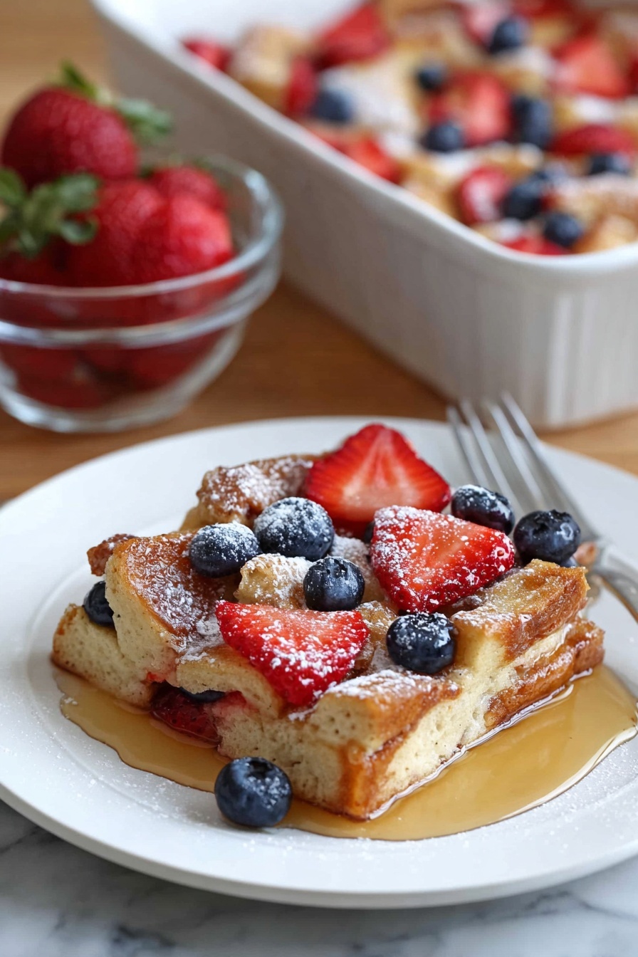 A white plate holds a single slice of a layered dessert with a soft, browned bread or pastry base topped with fresh strawberry slices and whole blueberries scattered evenly. The dessert is sprinkled with powdered sugar and has a shiny syrup drizzled over it, pooling slightly around the edges. Behind the plate, a white baking dish filled with the same dessert is visible, along with a glass bowl containing whole strawberries. The scene is set on a white marbled surface with a fork placed next to the plate. Photo taken with an iphone --ar 2:3 --v 7 - Berry French Toast Casserole, French Toast Bake with Berries, Breakfast Casserole with Fresh Berries, Make-Ahead French Toast Breakfast, Easy Berry Breakfast Recipe