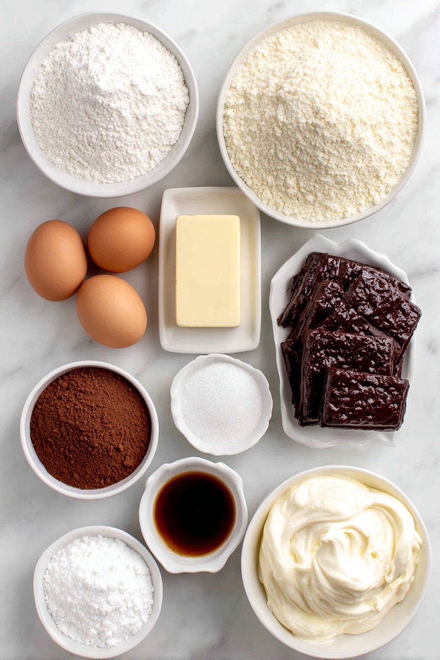 Flat lay of a small mound of fine powdered sugar, a neat pile of light almond flour, three whole clean-shelled brown eggs, a small heap of white granulated sugar, a tiny white ceramic bowl with clear vanilla extract, a small white bowl holding rich brown gel food coloring drops, a square of creamy salted butter, a white bowl filled with fluffy powdered sugar, a small bowl with pale heavy whipping cream, a small white bowl containing smooth cocoa powder, a small white bowl with meringue powder, and three small white bowls each with vivid royal icing in red, black, and brown colors, all arranged symmetrically on a clean white marble surface, soft natural light, photo taken with an iPhone, professional food photography style, fresh ingredients, white ceramic bowls, no bottles, no duplicates, no utensils, no packaging --ar 2:3 --v 7 --p m7354615311229779997 - Christmas Reindeer Macarons, festive holiday macarons, reindeer dessert ideas, holiday baking treats, Christmas macarons recipe