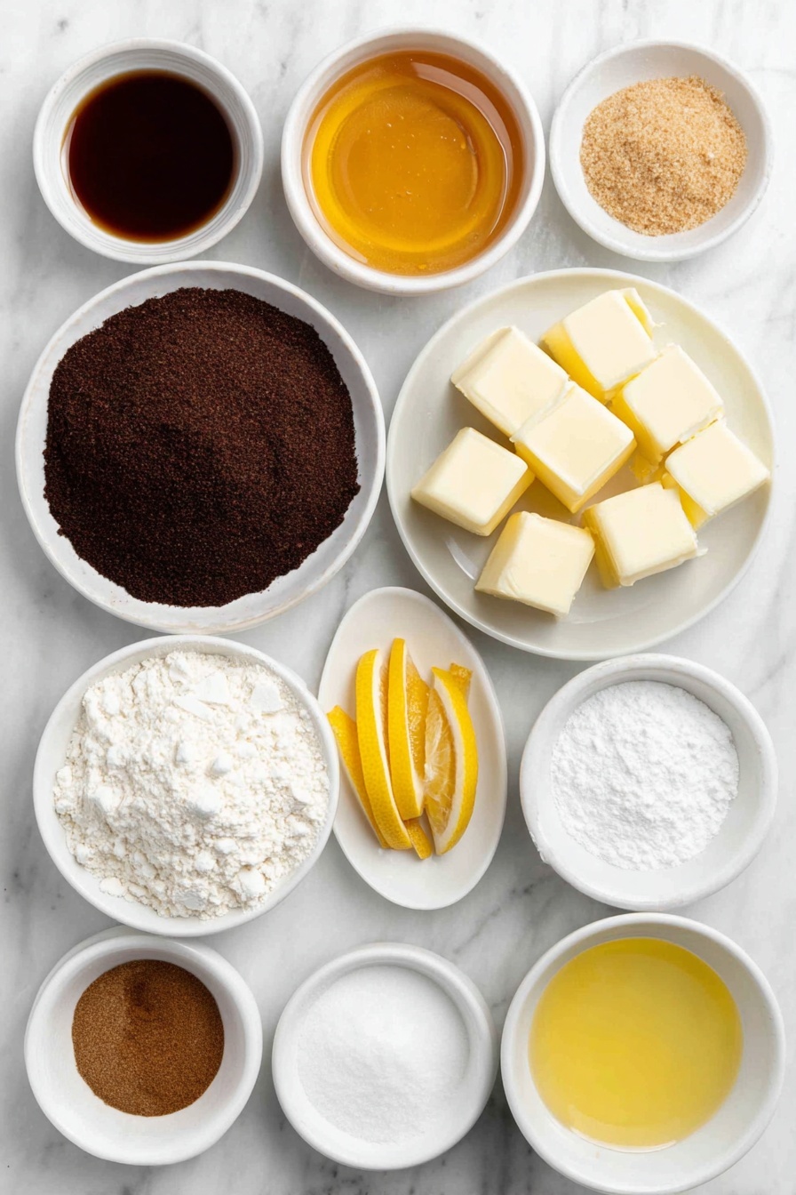 Flat lay of a small white ceramic bowl of golden honey, a mound of dark soft brown muscovado sugar on a white ceramic plate, several cubes of pale unsalted butter on a white dish, a few fresh orange zest strips and bright yellow lemon zest curls arranged neatly side by side, a whole large clean egg with uncracked shell, a small white bowl filled with fine white all-purpose flour, a small white bowl containing golden ground almonds, a tiny white bowl with bright lemon juice, a collection of warm brown ground spices including cinnamon, allspice, ginger, cloves, grated nutmeg, and fine sea salt each in small white ceramic bowls, a small white bowl holding fine white powdered sugar, a few thin orange peel strips laid flat, a small white bowl with clear vegetable oil, and a small white bowl containing amber vanilla extract, all placed on a clean white marble surface, soft natural light, photo taken with an iPhone, professional food photography style, fresh ingredients, white ceramic bowls, no bottles, no duplicates, no utensils, no packaging --ar 2:3 --v 7 --p m7354615311229779997 - Lebkuchen Cookies with Spiced Glaze, German holiday cookies, spiced gingerbread cookies, festive Lebkuchen recipe, easy Lebkuchen cookies