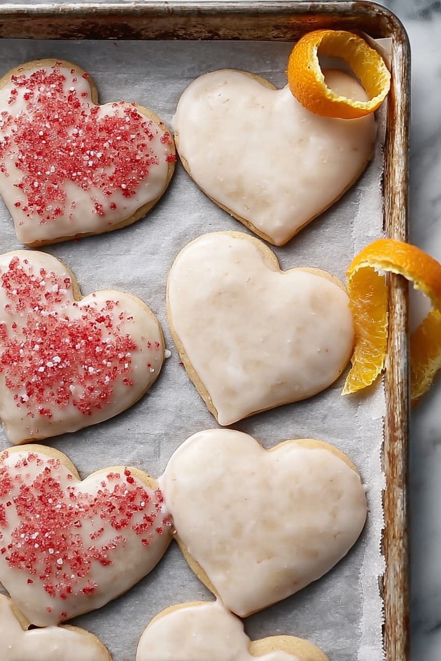 A metal rectangular tray holds several cookies with two main shapes: hearts and stars. Each cookie has a golden-brown base, with most covered in a thin white icing that has a slightly rough texture and some pinkish specks. One heart-shaped cookie is plain without icing, showing its smooth, golden top with a bite taken out of it. The faces of the cookies are slightly shiny, and the edges are rounded. The tray sits on a white marbled surface. photo taken with an iphone --ar 2:3 --v 7 - Lebkuchen Cookies with Spiced Glaze, German holiday cookies, spiced gingerbread cookies, festive Lebkuchen recipe, easy Lebkuchen cookies