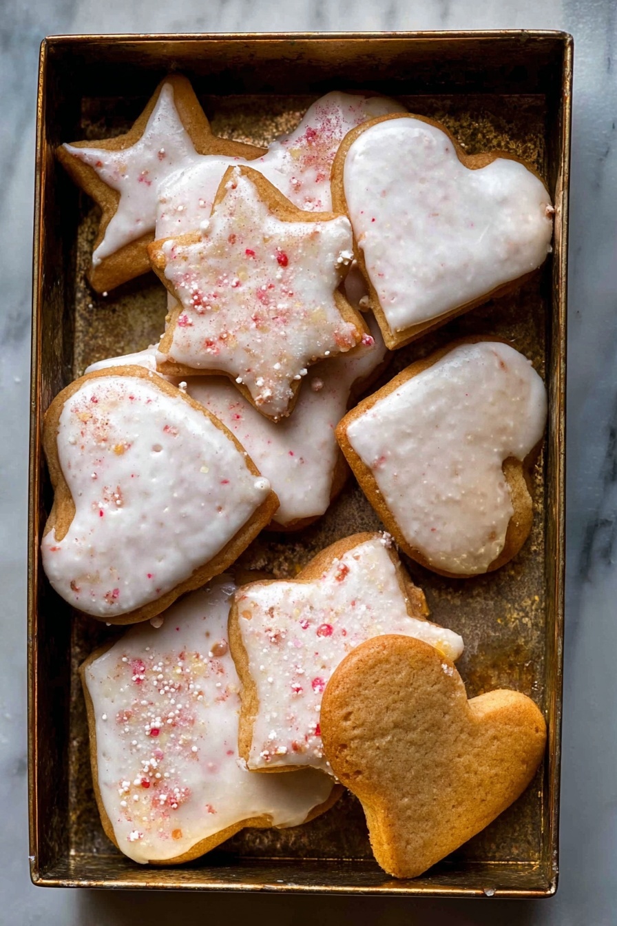 The image shows a baking tray lined with light gray parchment paper holding nine heart-shaped cookies. Each cookie is covered with a smooth, white icing layer that has a slightly shiny texture. Two cookies in the lower left corner have red sugar crystals sprinkled on top of the icing, adding a rough red texture. The cookies are arranged neatly with some touching each other. In the upper right corner of the tray, there is a curled orange peel, bright orange in color and textured. The entire scene rests on a white marbled surface. photo taken with an iphone --ar 2:3 --v 7 - Lebkuchen Cookies with Spiced Glaze, German holiday cookies, spiced gingerbread cookies, festive Lebkuchen recipe, easy Lebkuchen cookies
