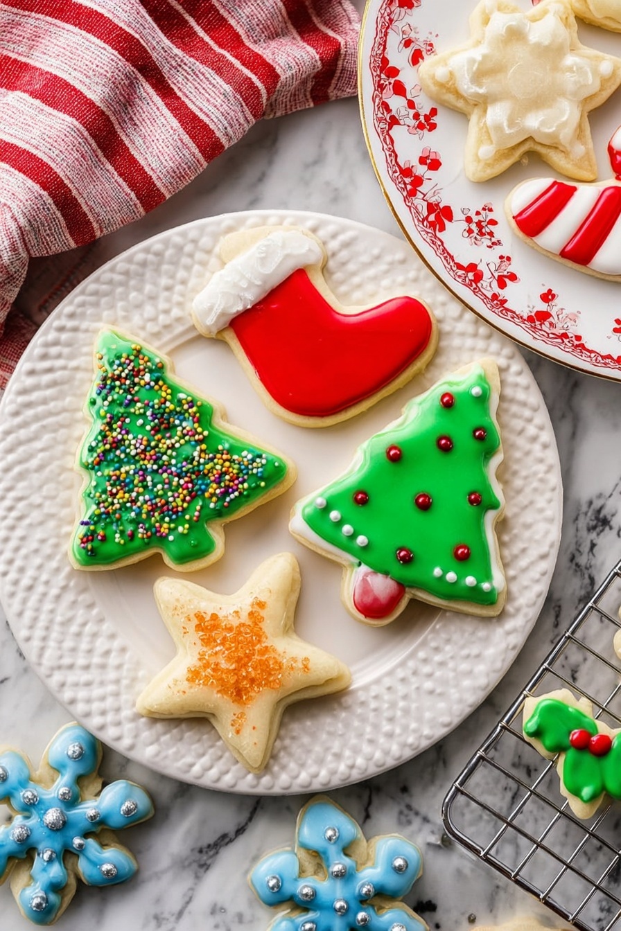 There is a white plate with textured edges holding five decorated Christmas cookies: a green Christmas tree with red and white sprinkles and a cluster of yellow dots at the top, a red stocking with smooth red and white icing layers, a white star with orange sugar crystals on top, and two small holly leaf cookies with green icing and a red ball at the stem. To the right is a white plate with a red floral pattern, holding a larger candy cane cookie with red and white stripes, a green Christmas tree with red and white sprinkles and yellow dots on top, two small green holly leaves with a red ball, and a small round red cookie. Below this plate is a cooling rack with a blue snowflake cookie decorated with white icing dots and silver balls at the tips. The cookies sit on a white marbled surface with a red and white striped cloth partially visible in the background. Photo taken with an iphone --ar 2:3 --v 7 - Soft Cutout Sugar Cookies, classic sugar cookies, soft sugar cookie recipe, festive cutout cookies, tender sugar cookies