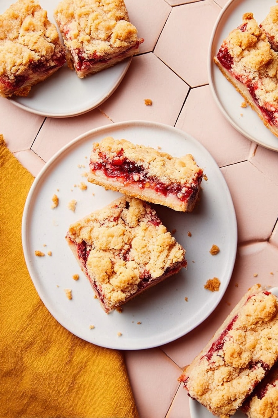 The image shows a white round plate on a soft pink hexagonal-tiled table with two pieces of fruit crumble bars: a square piece with a golden crumbly top and visible layers of red fruit filling beneath, and a long rectangular bar with a similar golden crumbly top and red fruit layer in the middle. Surrounding the central plate are three other white round plates with similar bars arranged on them, displaying the soft crumb texture and rich red fruit inside. The background features a mustard yellow cloth on the pink tiled surface, creating a warm and inviting setting. The light highlights the crumbly texture and the slight shine of the fruit filling, making the bars look fresh and tasty. photo taken with an iphone --ar 2:3 --v 7 - Raspberry Coconut Bars, tropical raspberry coconut dessert, easy raspberry coconut bars, fruit and coconut bars, homemade raspberry coconut treat
