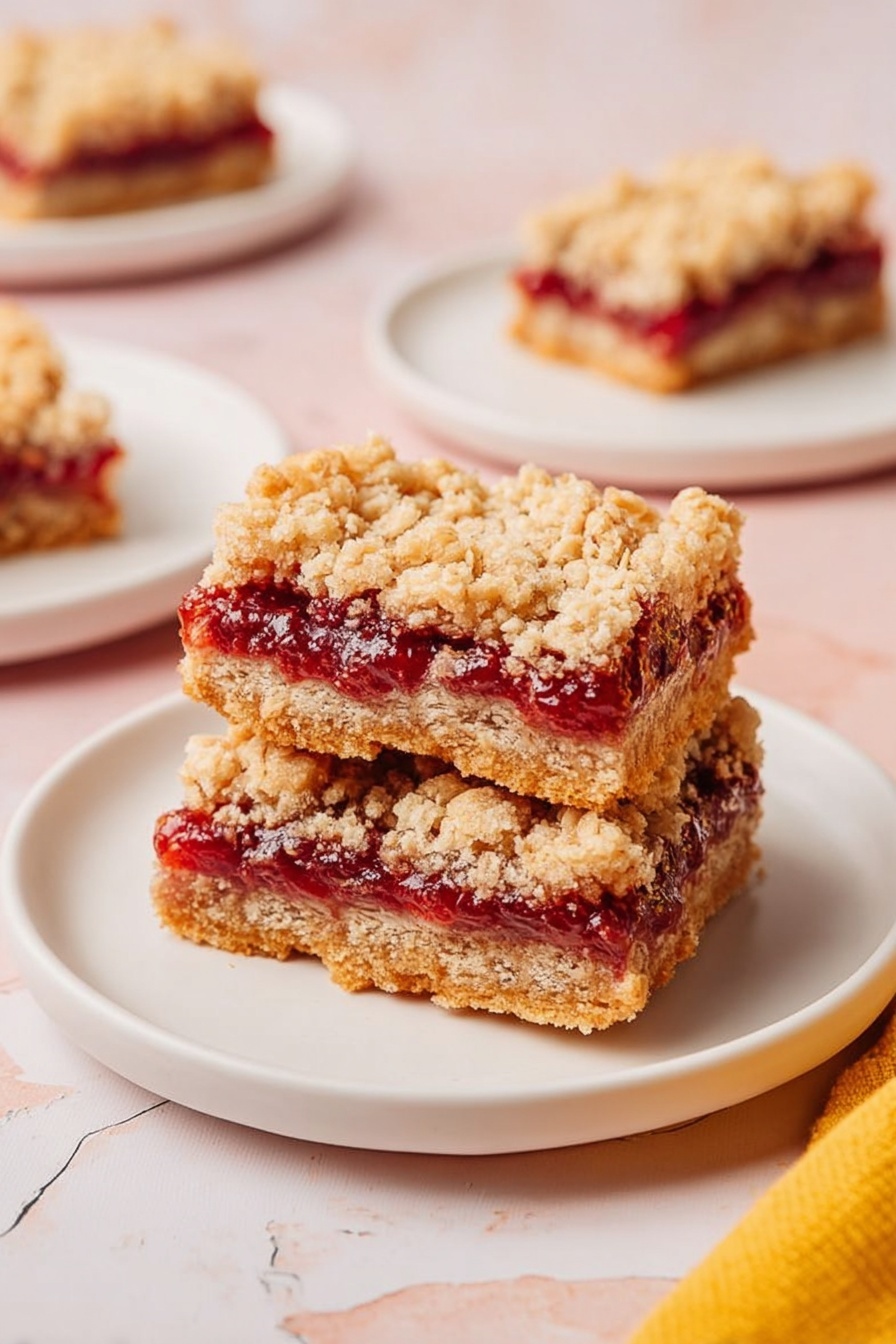 The image shows two layered oat bars stacked on a white round plate, placed on a soft pink surface with a white marbled texture. Each bar has three layers: the bottom and top layers are golden brown, crumbly oat crust with rough texture, while the middle layer is a thick, bright red jam filling that looks smooth and slightly shiny. Around the main plate, there are two other white plates with single oat bars on the same pink and white marbled surface, and a yellow cloth is partially visible in the bottom right corner. The lighting is soft, highlighting the crumbly details of the oat bars. photo taken with an iphone --ar 2:3 --v 7 - Raspberry Coconut Bars, tropical raspberry coconut dessert, easy raspberry coconut bars, fruit and coconut bars, homemade raspberry coconut treat
