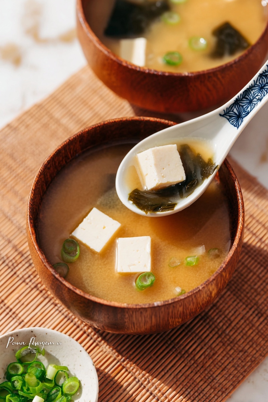A close-up view of two wooden bowls filled with light brown miso soup. The bowl in the front has three pieces of soft, white tofu floating in the soup along with some small green onion slices and a piece of dark green seaweed. Above this bowl, a white ceramic spoon with a blue rim holds a cube of tofu, some green onions, and a piece of seaweed, all covered in the light brown soup. The background shows the second wooden bowl with tofu cubes and green onions, placed on a light brown textured mat, with a small white dish containing chopped green onions visible at the bottom left corner. The photo is taken on a white marbled surface. Photo taken with an iphone --ar 2:3 --v 7 - Quick Gluten-Free Miso Soup, gluten-free miso soup, easy miso soup recipe, healthy quick soup, dairy-free soup