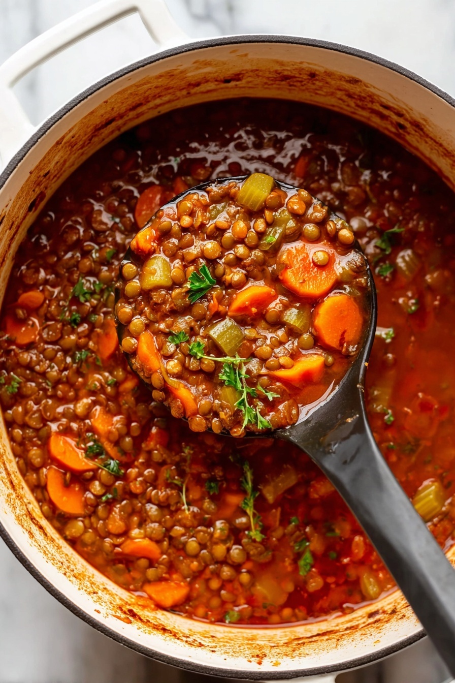A white pot filled with a thick, rich lentil soup, showing a mix of small brown lentils, orange carrot slices, and green celery pieces immersed in a reddish-brown broth. A black ladle scoops a portion of the soup, highlighting the vibrant colors of the carrots and lentils. Small sprigs of green parsley float on top, adding a fresh touch. The pot rests on a white marbled surface, with some reddish splashes of soup visible on the inner rim of the pot. photo taken with an iphone --ar 2:3 --v 7 - Healthy Lentil Soup, nutritious lentil soup recipe, easy lentil soup, wholesome soup for weeknights, comforting healthy soup