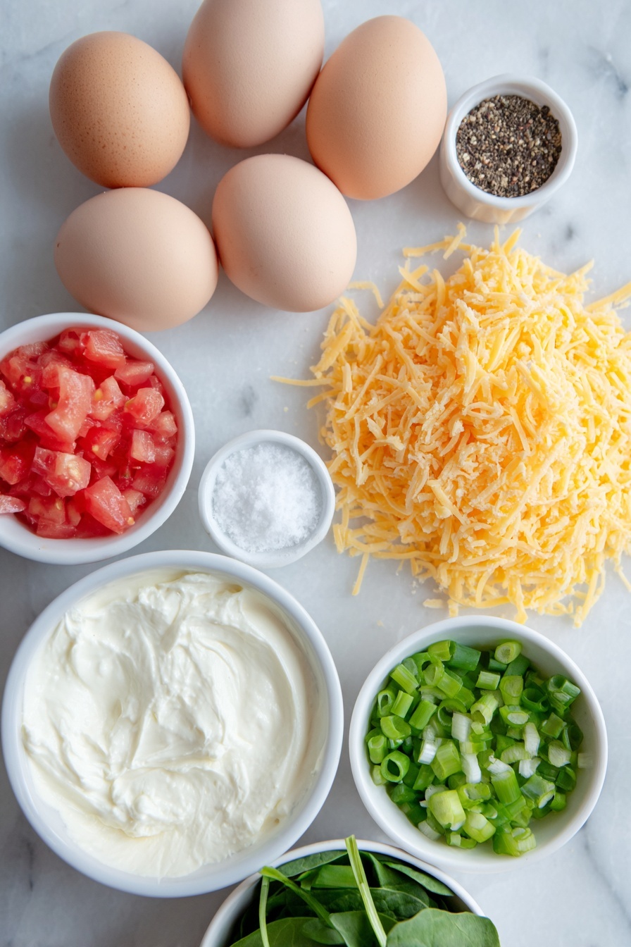 Flat lay of eight whole uncracked brown eggs arranged neatly, a small mound of shredded bright orange cheddar cheese, a small white bowl filled with creamy half-and-half, a small white bowl with fine white salt, a small white bowl containing freshly ground black pepper, a tiny pinch of whole nutmeg next to a small white bowl, a simple white ceramic bowl holding vibrant red diced tomatoes, fresh coarsely chopped deep green baby spinach leaves in a small white bowl, and thinly sliced bright green onions spread evenly in a small white bowl—all placed on a clean white marble surface, soft natural light, photo taken with an iPhone, professional food photography style, fresh ingredients, white ceramic bowls, no bottles, no duplicates, no utensils, no packaging --ar 2:3 --v 7 --p m7354615311229779997 - Oven Egg Bites with Spinach and Tomato, healthy breakfast egg bites, protein-packed egg bites recipe, quick breakfast ideas, veggie egg bites