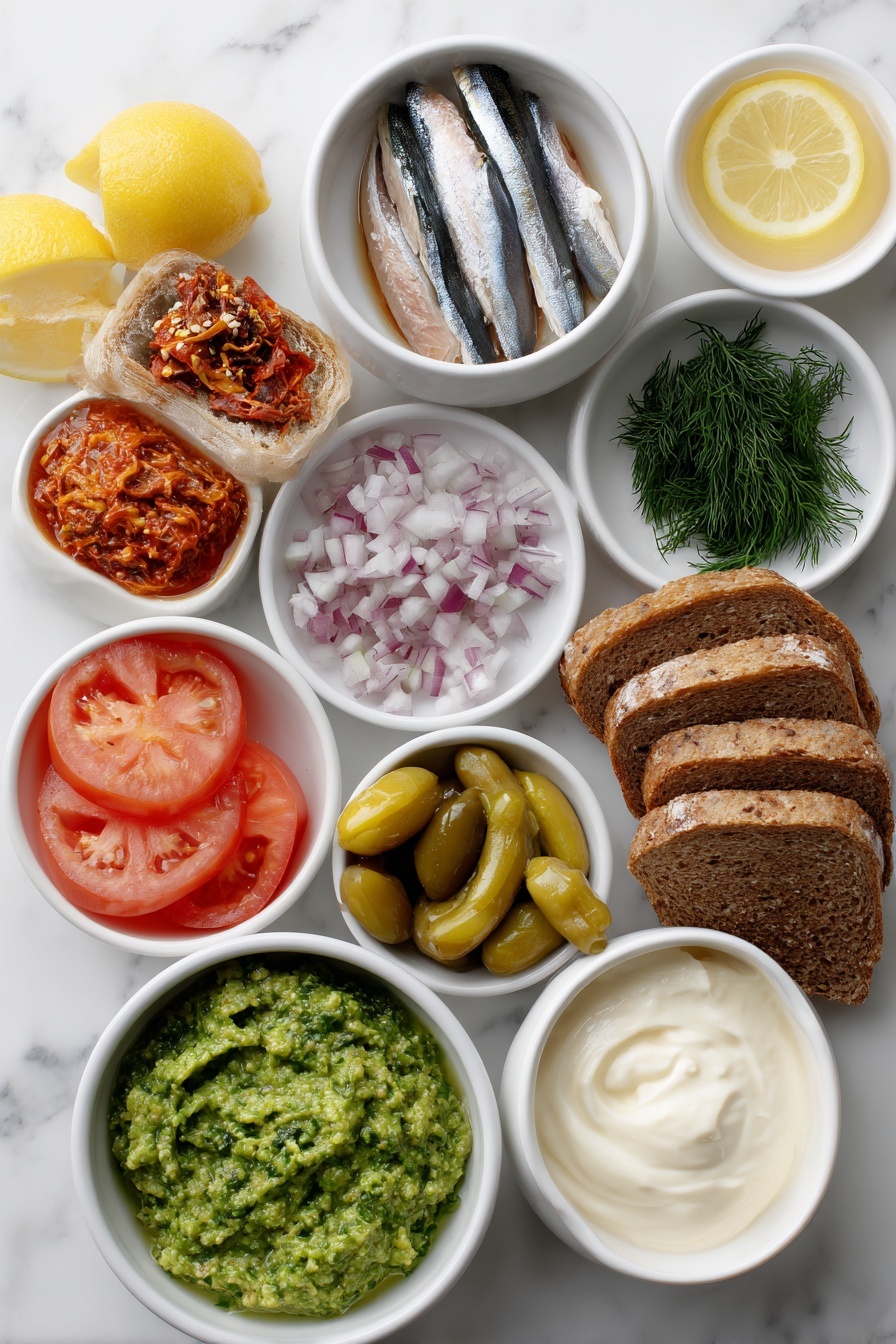 Flat lay of a small white ceramic bowl of bright green pesto, a small white ceramic bowl of creamy mayonnaise, a small white ceramic bowl of fiery red chili crunch, a small white ceramic bowl of golden honey, a small white ceramic bowl of fresh lemon juice, two whole lemons, fine salt and ground black pepper in small white ceramic bowls, a small white ceramic bowl of flaky canned tuna, a small white ceramic bowl of smooth Dijon mustard, two whole unpeeled garlic cloves, a small white ceramic bowl of briny drained capers, three whole anchovy filets, two fresh sprigs of dill, a small white ceramic bowl of finely diced red onion, four thin slices of toasted whole wheat flatbread, four slices of ripe red tomato, one large ripe avocado sliced, and a small white ceramic bowl of pickled sliced banana peppers, all arranged with perfect symmetry and balanced proportions, placed on a clean white marble surface, soft natural light, photo taken with an iPhone, professional food photography style, fresh ingredients, white ceramic bowls, no bottles, no duplicates, no utensils, no packaging --ar 2:3 --v 7 --p m7354615311229779997 - Tunacado Sandwich with Spicy Pesto Aioli, tuna avocado sandwich, spicy pesto aioli, easy seafood sandwiches, flavorful lunch ideas