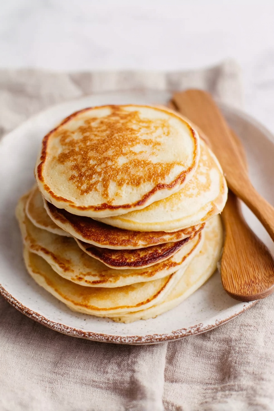 A stack of six golden-brown pancakes is placed slightly messy on a white plate with a rough edge and a beige cloth underneath. The pancakes have a soft and fluffy texture with light browning on top, showing subtle smooth and lacy surfaces. Next to the pancakes on the plate, there are two wooden spatulas resting diagonally, adding a rustic touch. The whole scene is set on a soft white marbled surface. photo taken with an iphone --ar 2:3 --v 7 - Fluffy Yogurt Pancakes, easy pancake recipes, breakfast ideas, quick breakfast recipes, airy pancake recipe