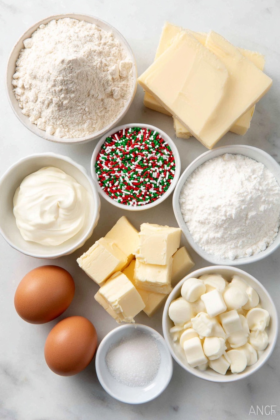 Flat lay of a small mound of all-purpose flour, a small pile of fine white granulated sugar, two whole large brown eggs with clean shells, a half cup of unsalted butter cut into chunks, a small white bowl of Christmas sprinkles in red, green, and white colors, a small white bowl of smooth sour cream, a small white bowl of heavy cream, a block of cream cheese with a creamy texture and slight gloss, a small white bowl of white chocolate chips, a small white bowl of milk, a small white bowl of pure vanilla extract, a pinch of salt spilled delicately, and a tiny white bowl of baking soda, all arranged symmetrically and balanced, placed on a clean white marble surface, soft natural light, photo taken with an iPhone, professional food photography style, fresh ingredients, white ceramic bowls, no bottles, no duplicates, no utensils, no packaging --ar 2:3 --v 7 --p m7354615311229779997 - Sugar Cookie Cheesecake with White Chocolate, Holiday Cheesecake Ideas, Festive Cheesecake Recipes, White Chocolate Dessert, Easy Cheesecake with Cookies