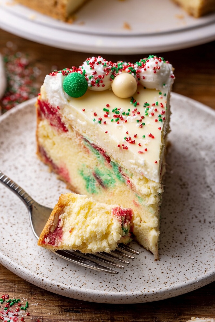 A slice of colorful cheesecake on a white speckled plate, showing two main layers: the bottom layer is a creamy yellow cheesecake with red and green spots inside it, and the top layer is a thicker cake with visible red and green patches. The edge of the cheesecake is decorated with white frosting and small red, green, and white sprinkles, along with small round beige balls with sprinkles. A silver fork rests on the plate, holding a bite-sized piece of cheesecake. The background is a wooden surface, with some sprinkles scattered around the plate photo taken with an iphone --ar 2:3 --v 7 - Sugar Cookie Cheesecake with White Chocolate, Holiday Cheesecake Ideas, Festive Cheesecake Recipes, White Chocolate Dessert, Easy Cheesecake with Cookies