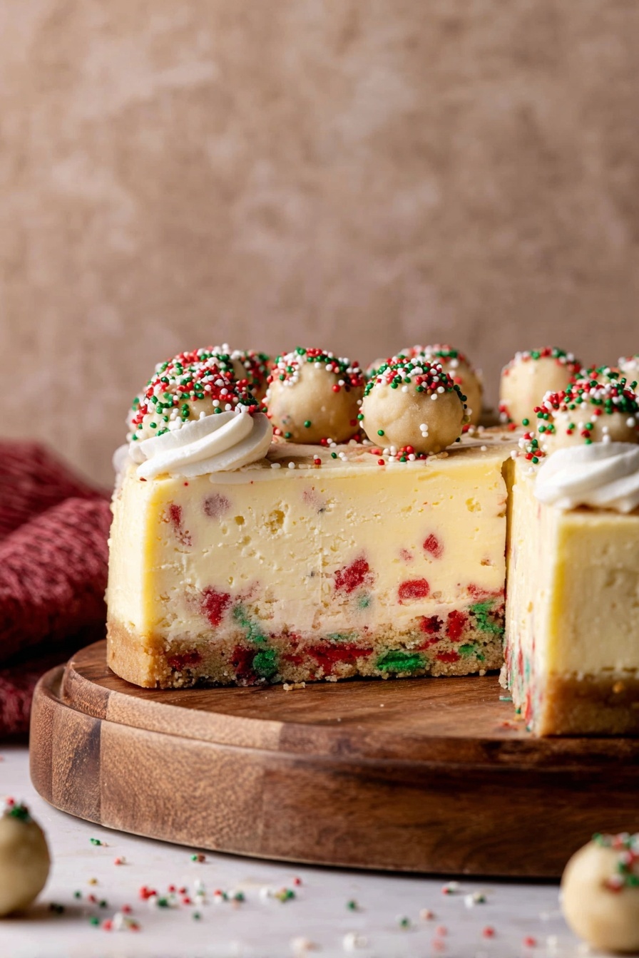 The image shows a slice of cake with three main layers on a white plate with brown speckles, placed on a white marbled surface. The bottom layer is thick and chewy with colorful red and green spots mixed in, looking like cookie dough. The middle layer is creamy and smooth with a pale yellow color and faint red and green spots inside. The top layer is a thin smooth frosting in light cream color, decorated with red, green, and white small round sprinkles, and two small round cookie-like balls on the top right. A silver fork lies next to the slice on the plate. In the background, there is a blurred look of another slice of cake and a gold decorative ball. Photo taken with an iphone --ar 2:3 --v 7 - Sugar Cookie Cheesecake with White Chocolate, Holiday Cheesecake Ideas, Festive Cheesecake Recipes, White Chocolate Dessert, Easy Cheesecake with Cookies