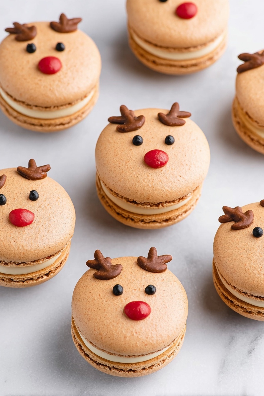 The image shows several light brown macarons arranged on a white marbled surface. Each macaron has two smooth, round shells with a creamy filling in between, matching in light brown color. On the top shell of each macaron, there are simple reindeer faces made with small black dots for eyes, a bright red dot for a nose, and two brown antlers drawn above the eyes. The macarons are evenly spaced, some lying flat and others slightly tilted, showing the thickness and texture of the filling in the middle. photo taken with an iphone --ar 2:3 --v 7 - Christmas Reindeer Macarons, festive holiday macarons, reindeer dessert ideas, holiday baking treats, Christmas macarons recipe