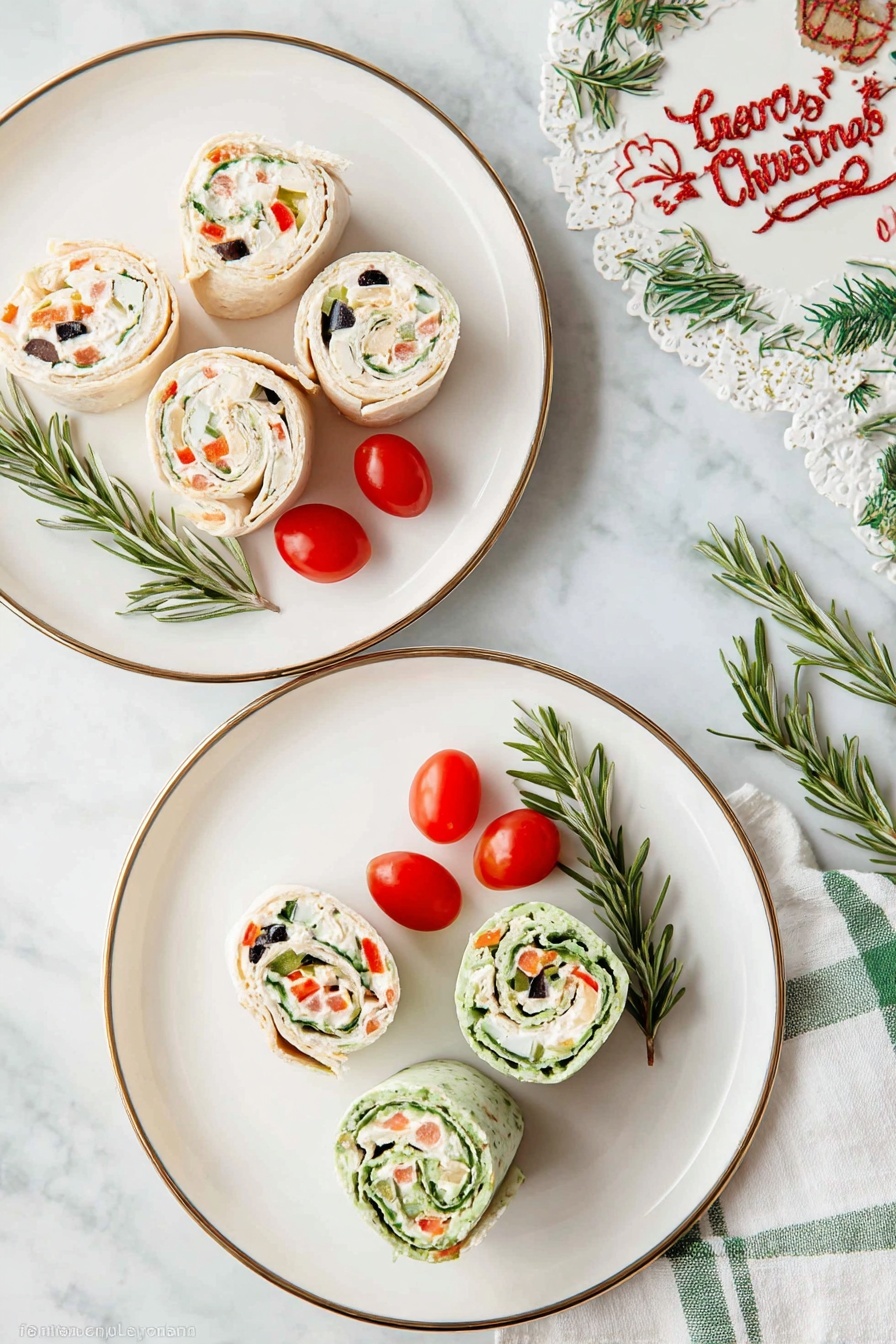 Two white plates with thin gold rims sit on a white marbled surface. Each plate holds five pinwheel sandwiches with two types of wraps—light beige and green spinach. The beige wraps have a creamy white filling with visible small pieces of black olives and red bell peppers, while the green wraps have a similar creamy filling with red bell peppers and other finely chopped vegetables. Each plate also includes two small bright red grape tomatoes. Beside the plates, fresh green rosemary sprigs lie on the white marbled surface next to a festive Christmas decoration with red and green text. A white napkin with green stripes is partially visible on the right side of the image. photo taken with an iphone --ar 2:3 --v 7 - Festive Christmas Tree Pinwheel Appetizer, holiday appetizer, Christmas party finger foods, easy holiday snacks, festive appetizer ideas