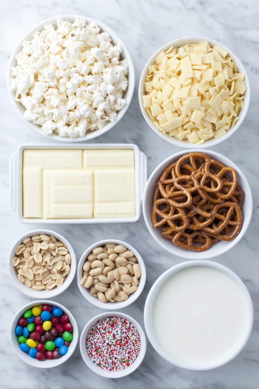 Flat lay of a small white ceramic bowl filled with fluffy Rice Chex cereal, another bowl with crunchy Corn Chex cereal, a third white bowl holding round Cheerios cereal, a white ceramic dish with twisted gluten-free pretzels, a small white bowl of salted peanuts, a white bowl containing red and green milk chocolate M&M candies, a larger white bowl with smooth white vanilla almond bark candy melts, and a tiny white bowl of festive red and green nonpareil sprinkles, all arranged in perfect symmetry and balanced proportions, placed on a clean white marble surface, soft natural light, photo taken with an iPhone, professional food photography style, fresh ingredients, white ceramic bowls, no bottles, no duplicates, no utensils, no packaging --ar 2:3 --v 7 --p m7354615311229779997 - Festive Gluten-Free Christmas Chex Mix, holiday gluten-free snack, no-bake Christmas snack, gluten-free holiday treats, easy Christmas party snack