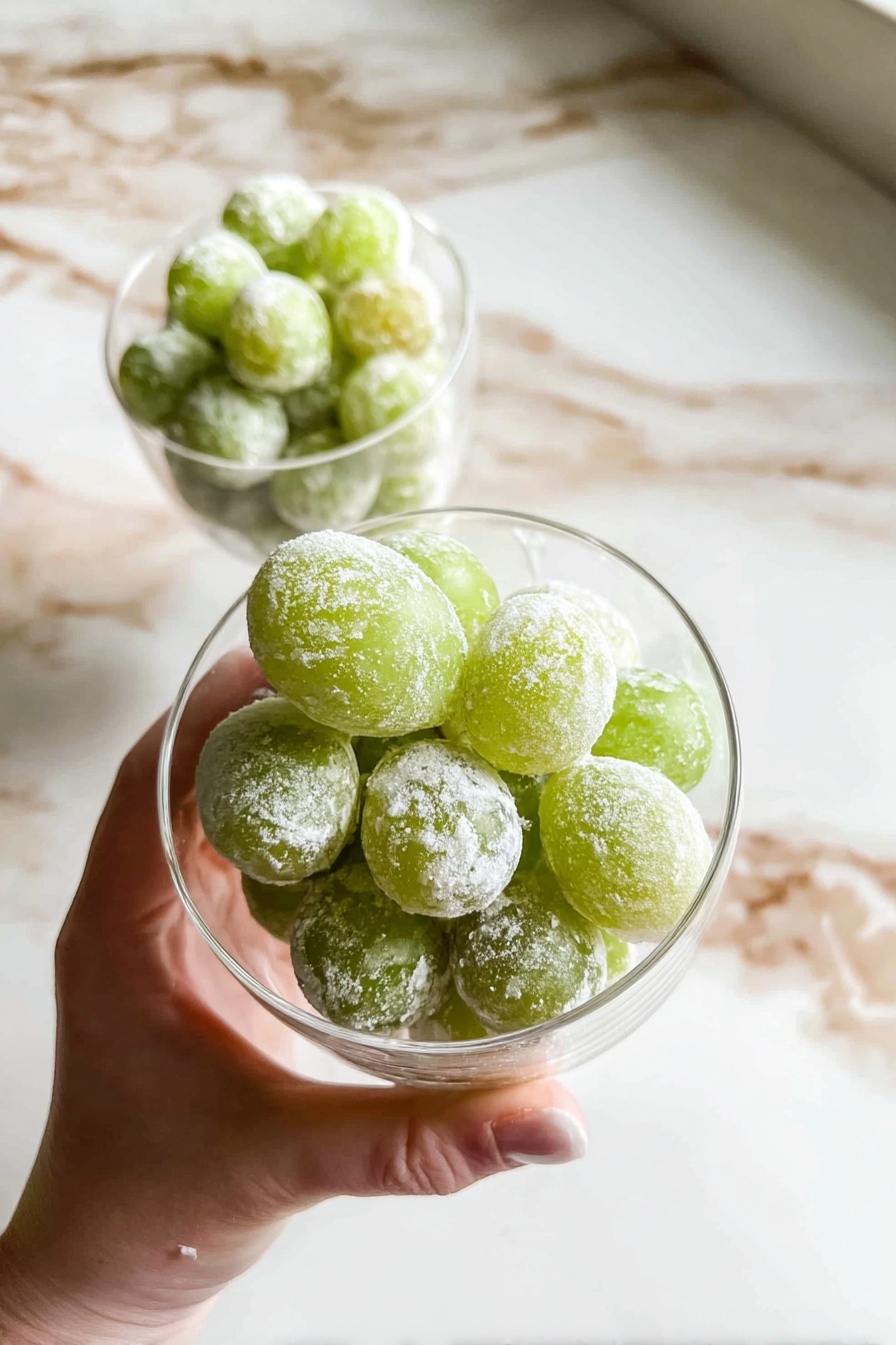 A close-up image shows a clear glass filled with green grapes covered in a white sugary coating. The glass is held by a woman's hand from below, with the grapes piled loosely inside. In the background, another similar glass sits slightly out of focus, also filled with these grapes. The scene is set on a white marbled surface with beige and light brown patterns. The light is soft, creating gentle highlights on the grapes and glass edges. Photo taken with an iphone --ar 2:3 --v 7 - Prosecco-Infused Green Grapes, sparkling grapes with prosecco, alcoholic fruit snacks, elegant party appetizers, chilled prosecco grapes